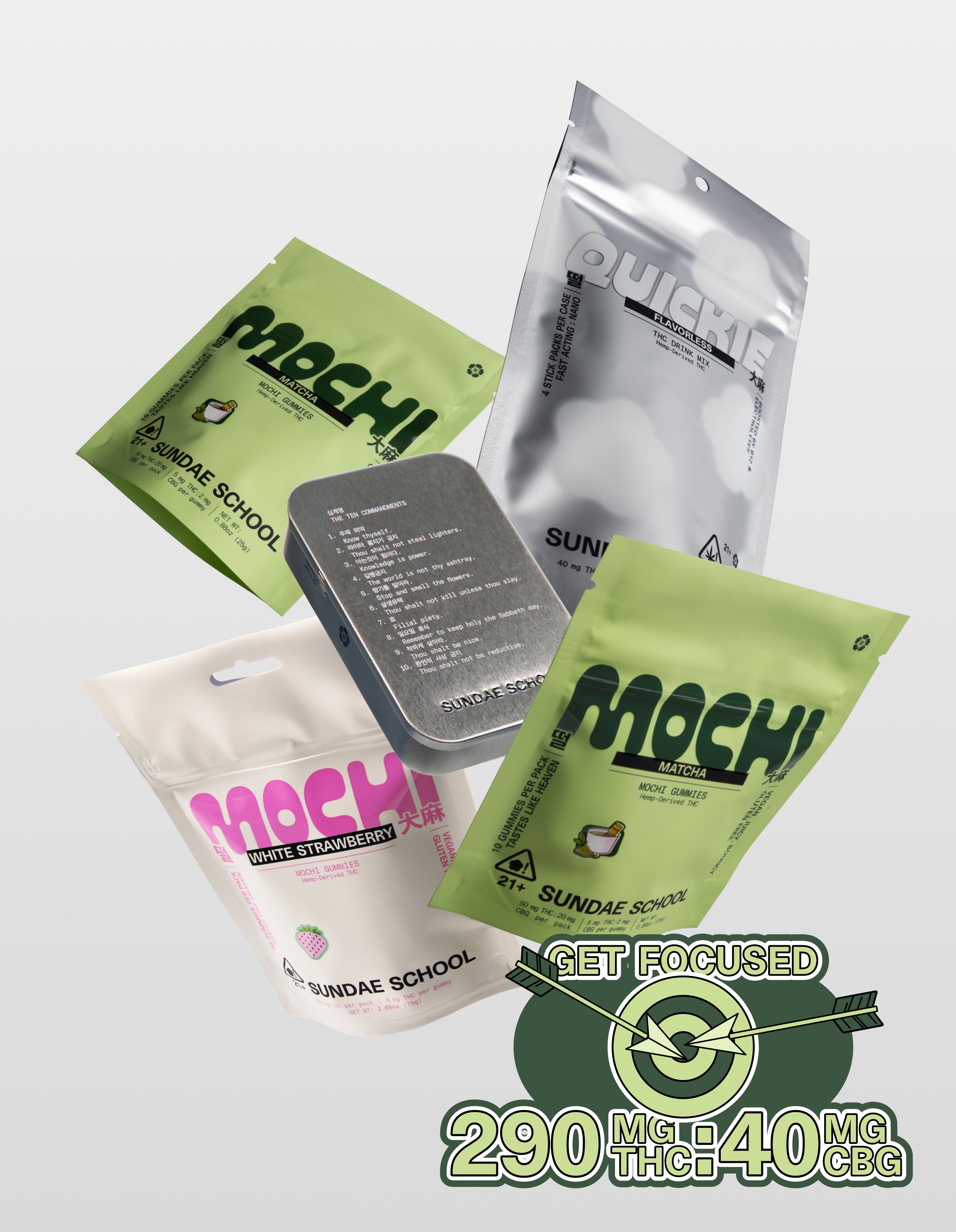 Four Sundae School packages including 2 matcha mochi gummies mini packs, one white strawberry value pack, one  flavorless Quickie 4 pack, laid on a white background along with a mochi tin and a sticker highlighting 