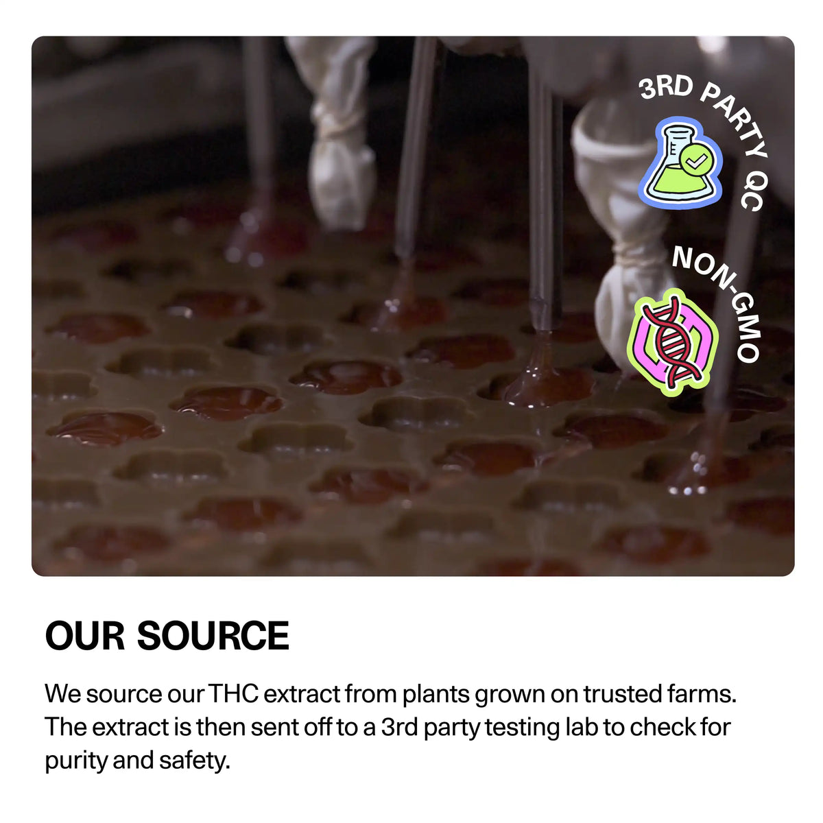 'Our Source' graphic showing Sundae School Mochi gummies being made in a production mold, with 3rd-party-tested QC and non-GMO badges and sourcing copy