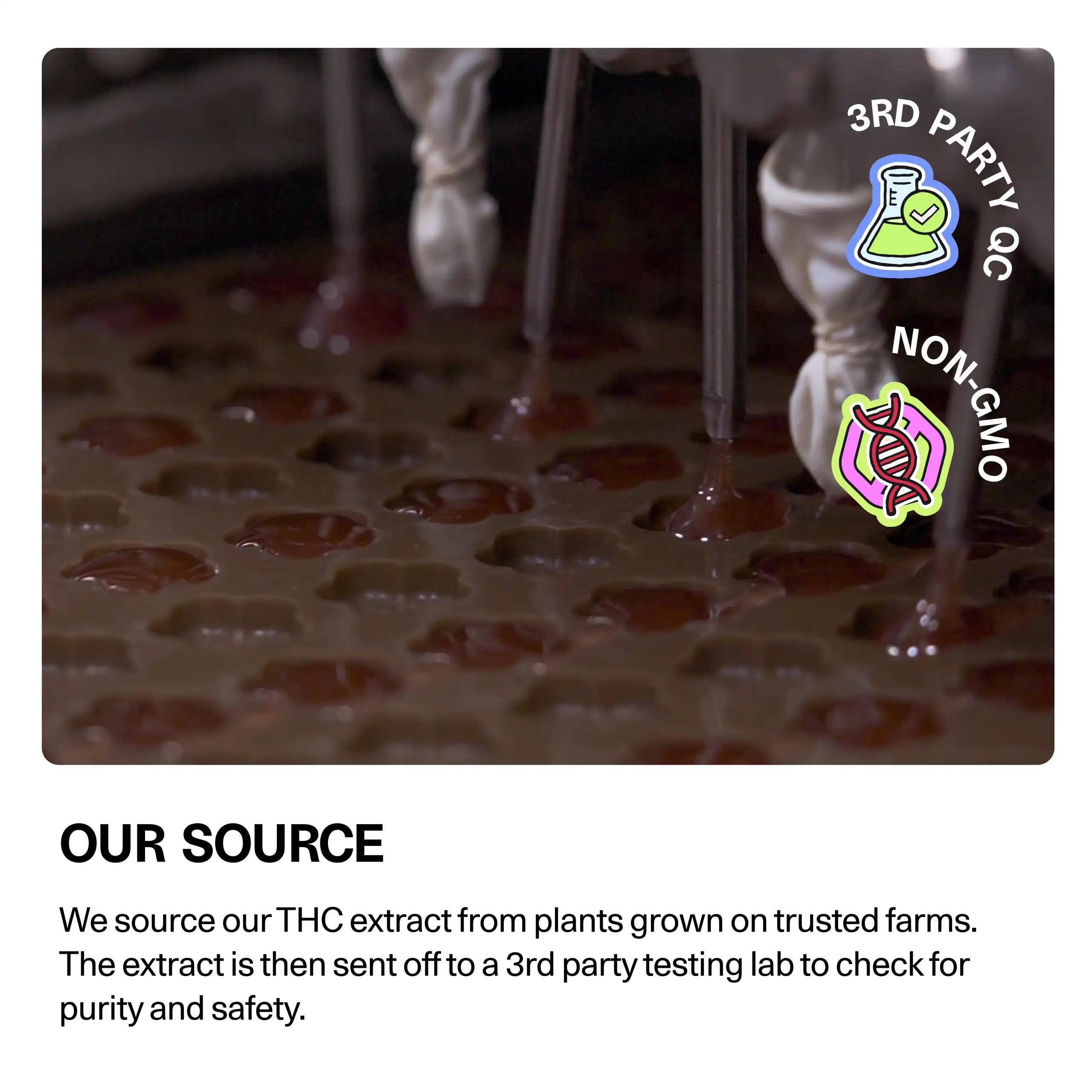 'Our Source' graphic showing Sundae School Mochi gummies being made in a production mold, with 3rd-party-tested QC and non-GMO badges and sourcing copy