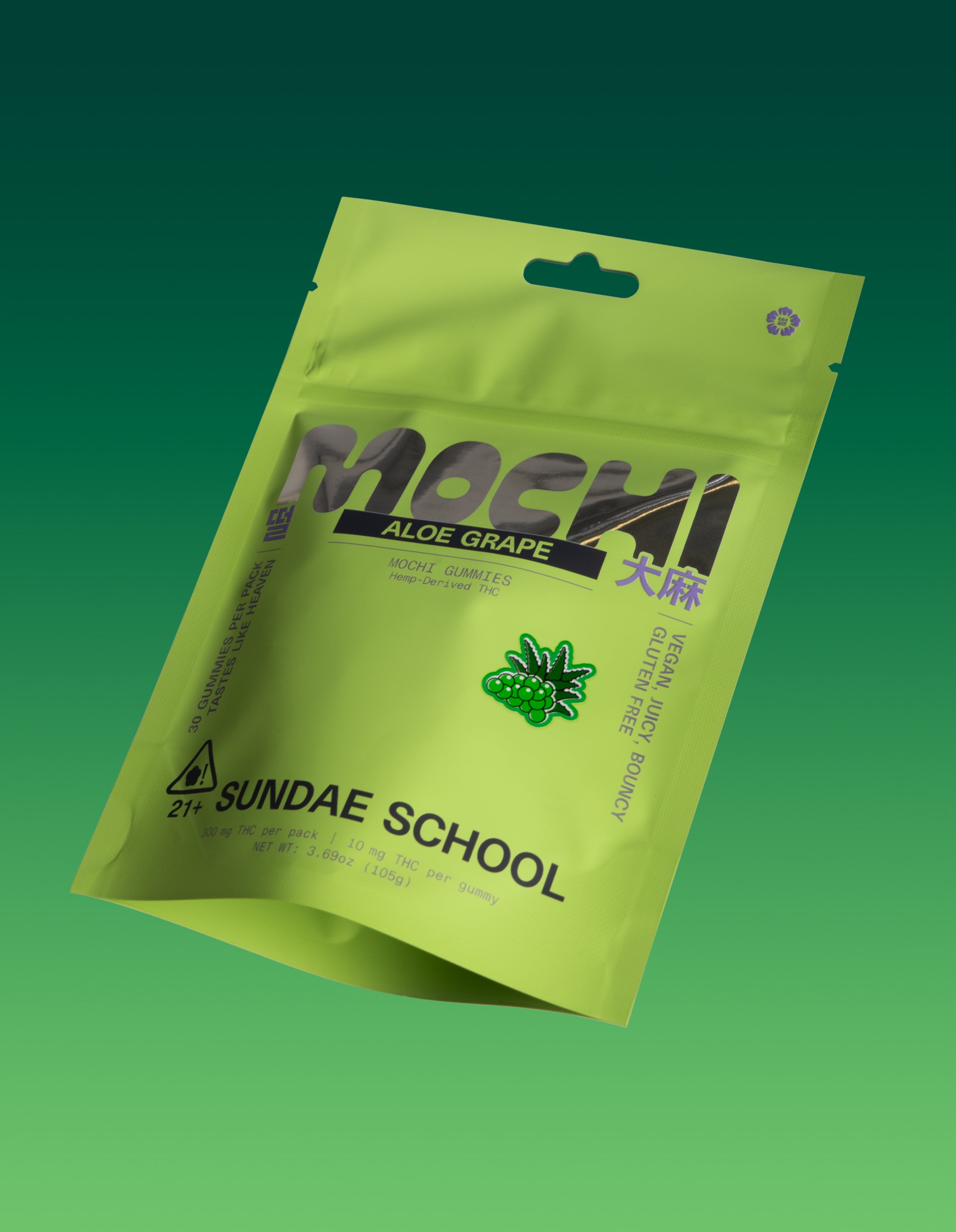 An image of the 30ct Aloe Grape Mochi gummy packaging in a resealable bag form.