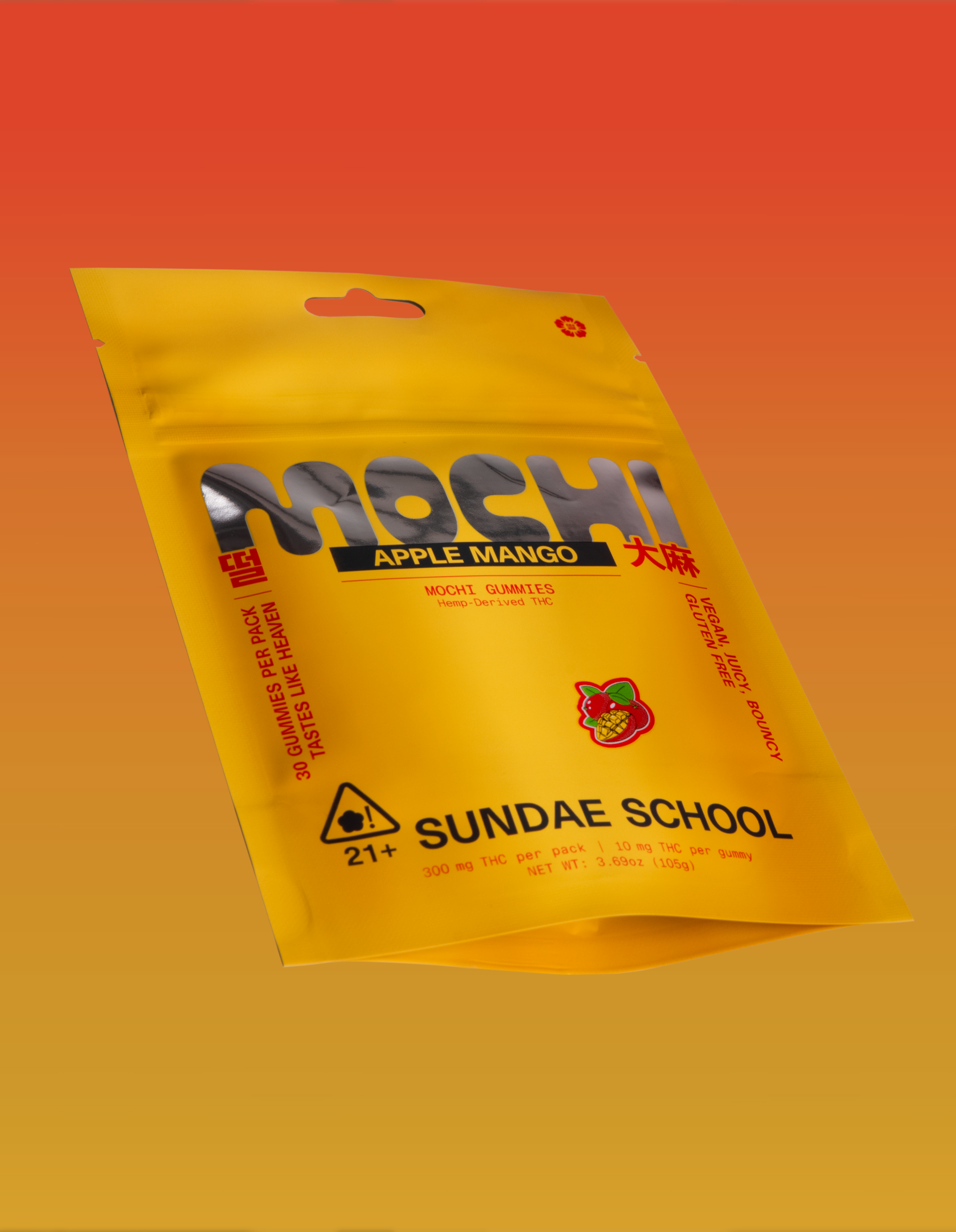 An image of the 30ct Apple Mango Mochi gummy packaging in a resealable bag form.