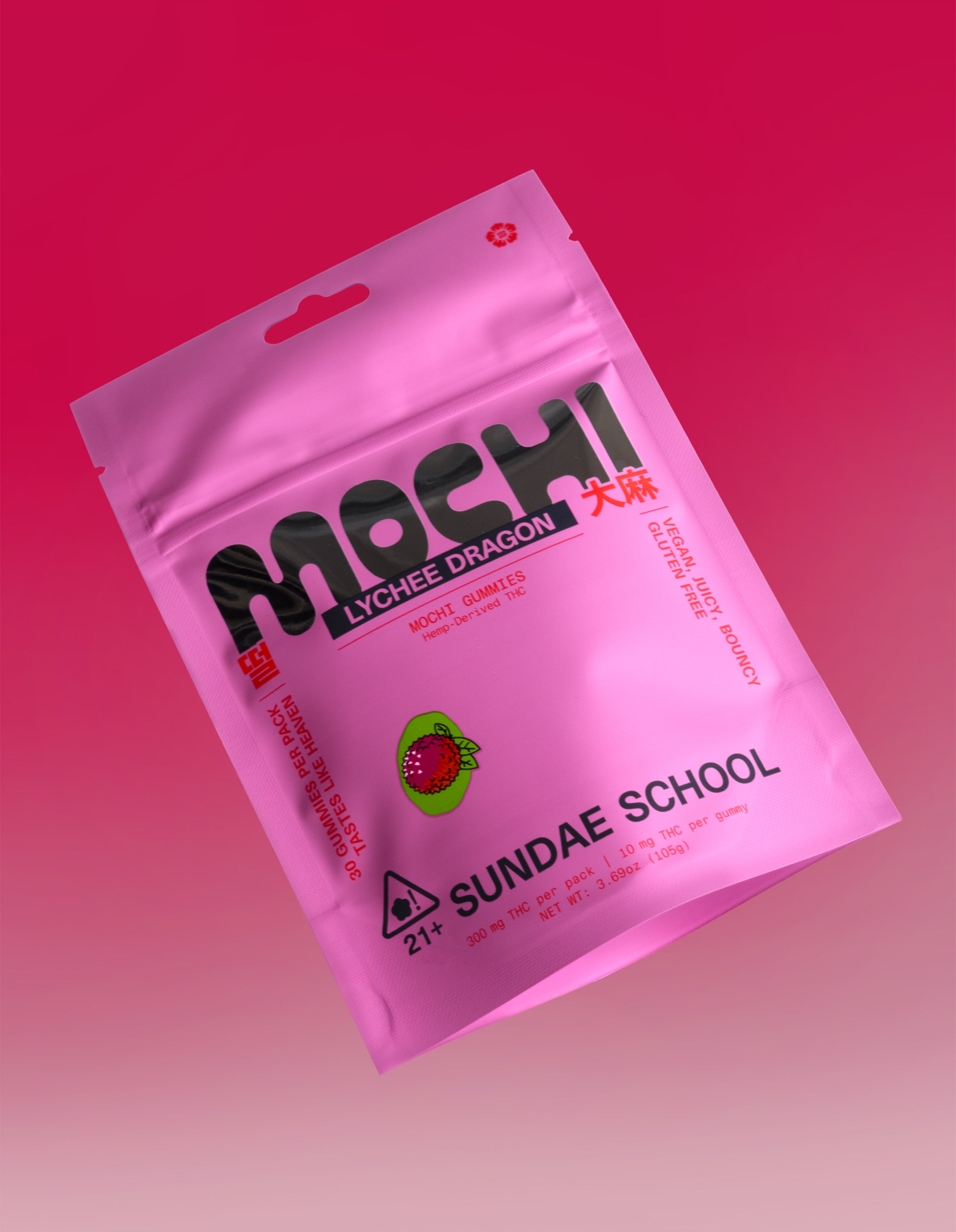 An image of the 30ct Lychee Dragon Mochi gummy packaging in a resealable bag form.