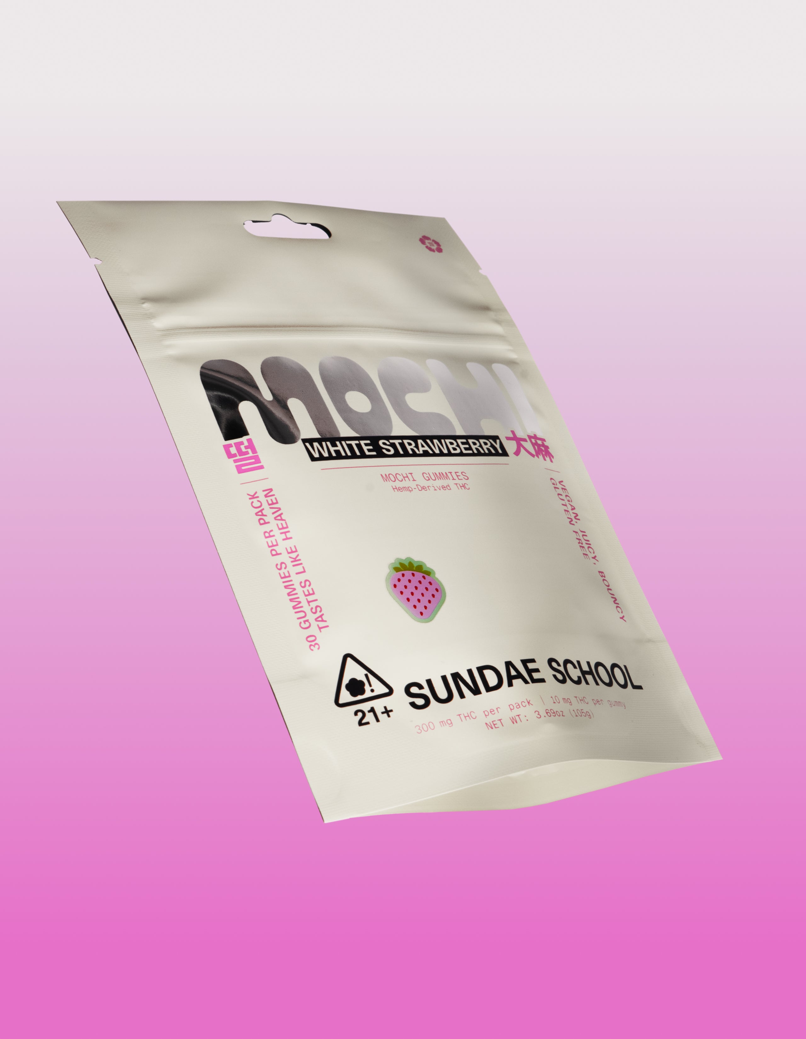 An image of the 30ct White Strawberry Mochi gummy packaging in a resealable bag form.