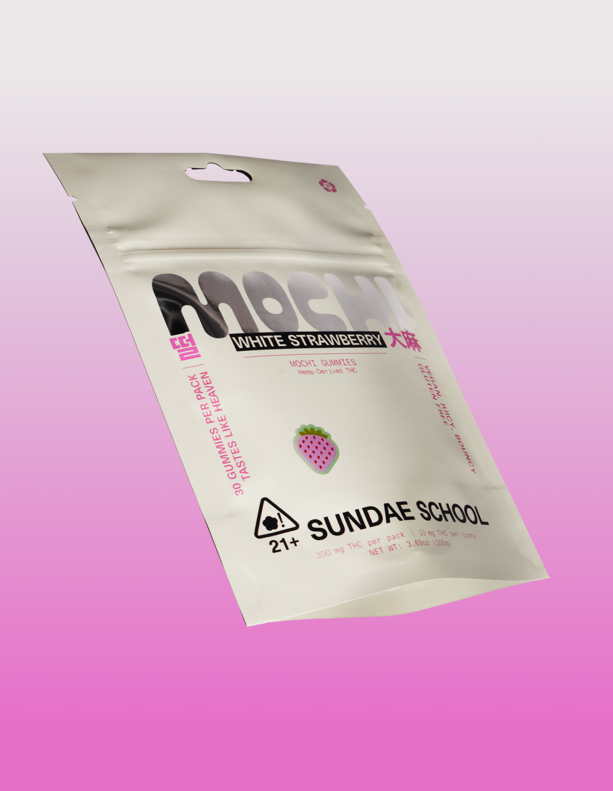 An image of the 30ct White Strawberry Mochi gummy packaging in a resealable bag form.