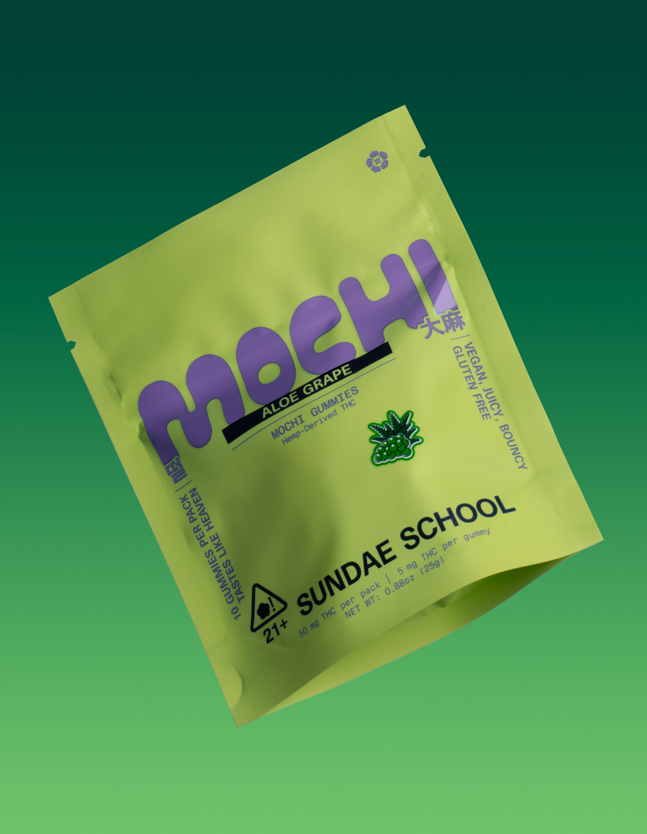 Sundae School Aloe Grape mochi gummies package on green gradient background, 5mg hemp-derived product in lime green pouch