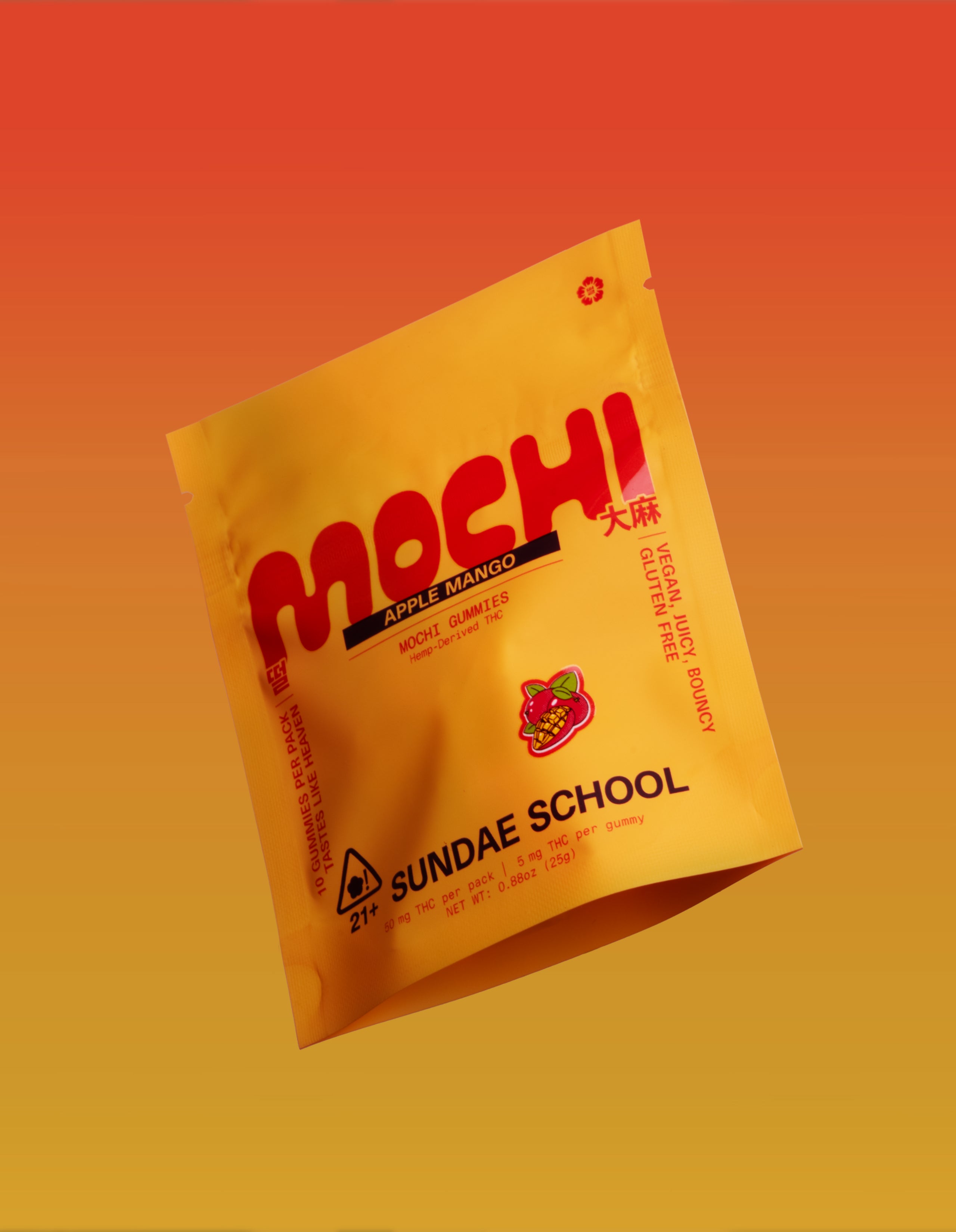 Sundae School Apple Mango mochi gummies package on orange gradient background, 5mg hemp-derived product in golden yellow pouch