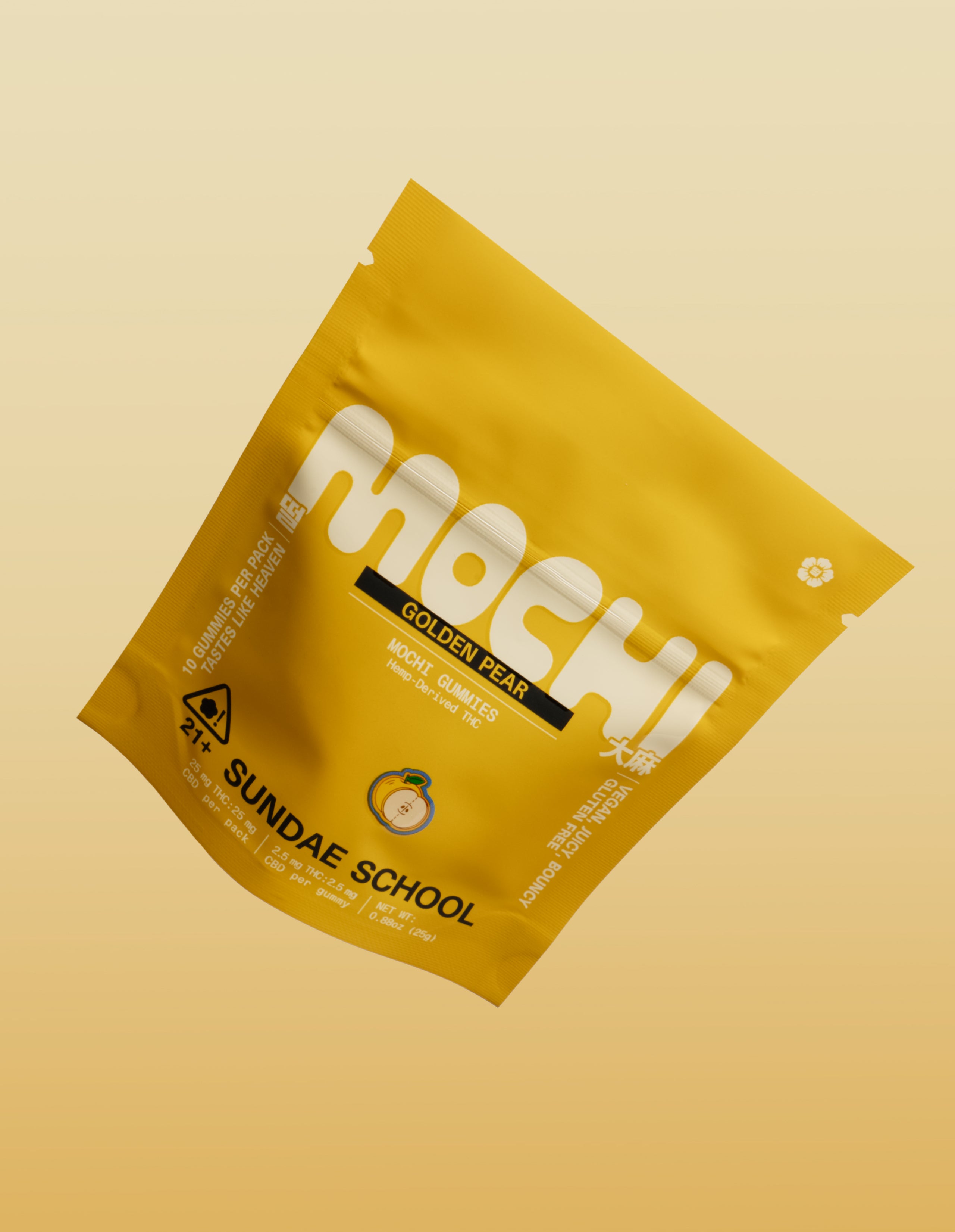 Sundae School Golden Pear mochi gummies package on yellow gradient background, 2.5mg + 2.5mg CBD hemp-derived product in golden pouch