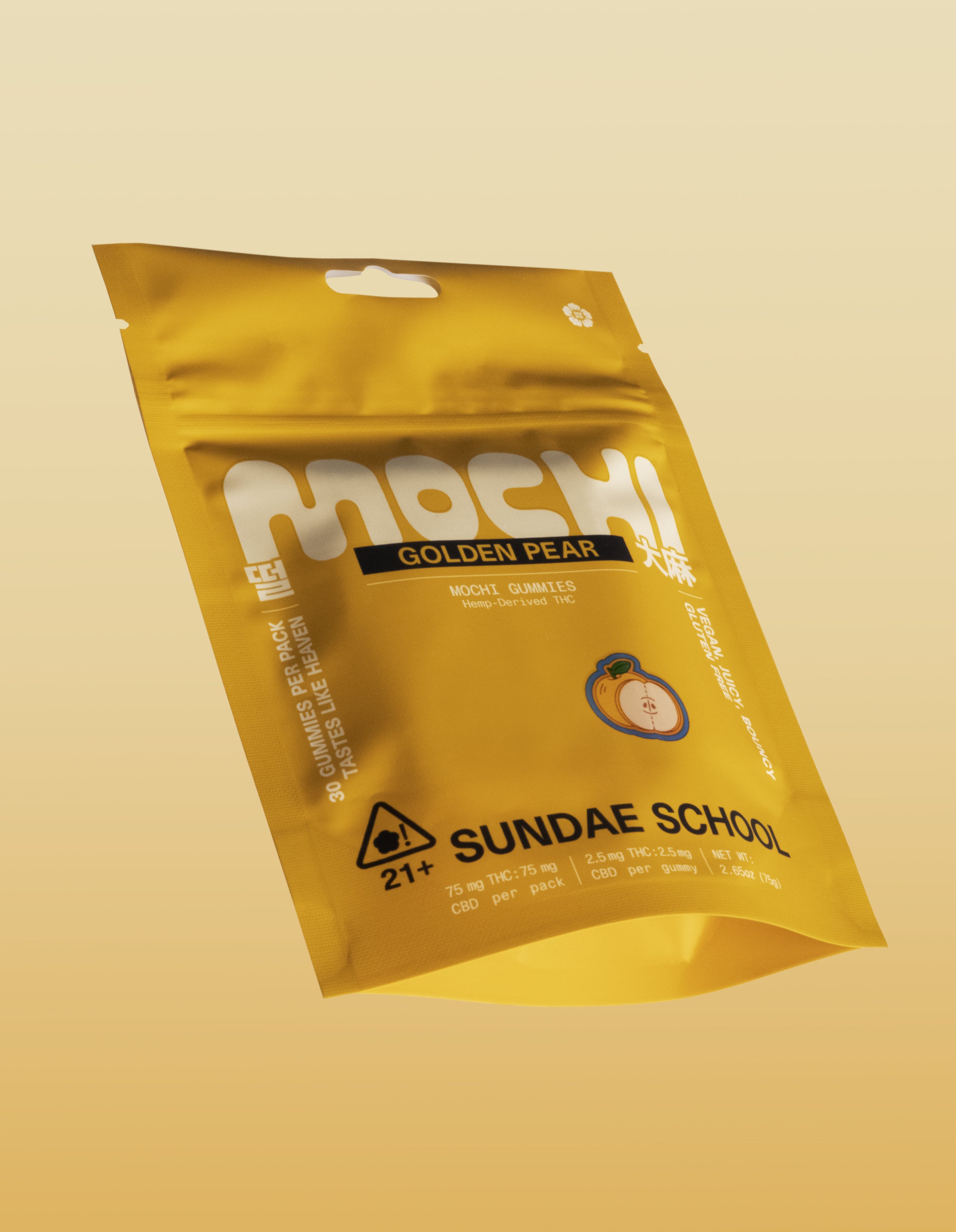 An image of the 30ct Golden Pear Mochi gummy packaging in a resealable bag form.