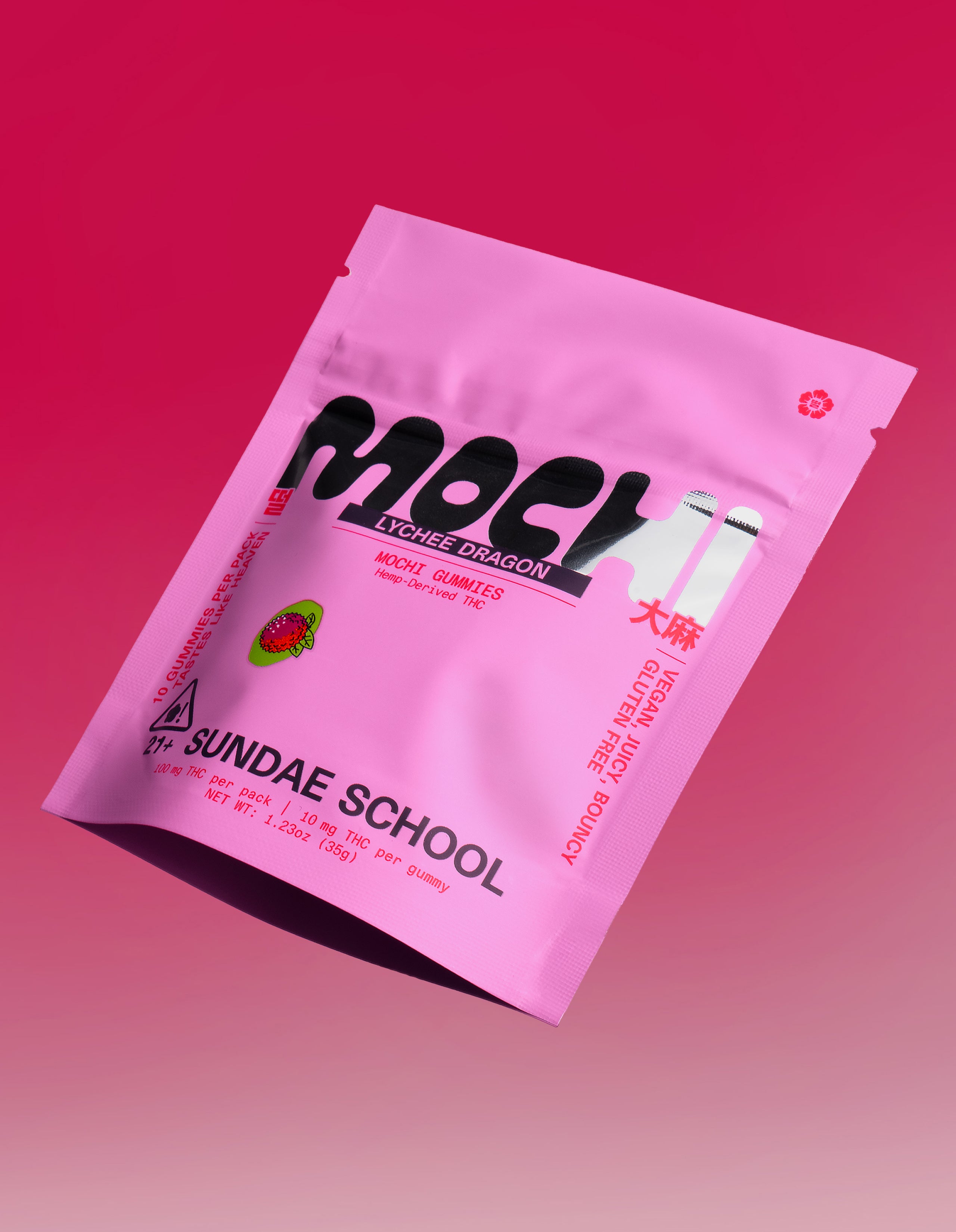 Sundae School Lychee Dragon mochi gummies package on pink gradient background, 10mg hemp-derived product in bright pink pouch