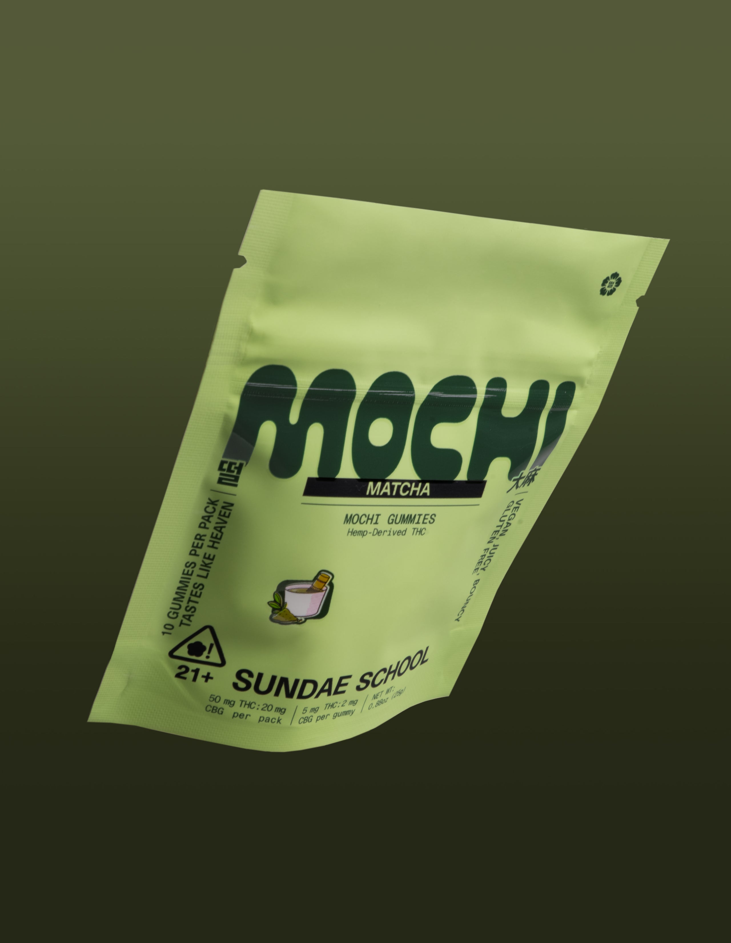Sundae Flowers Matcha mochi gummies package on green gradient background, 5mg + 2mg CBN hemp-derived product in green pouch
