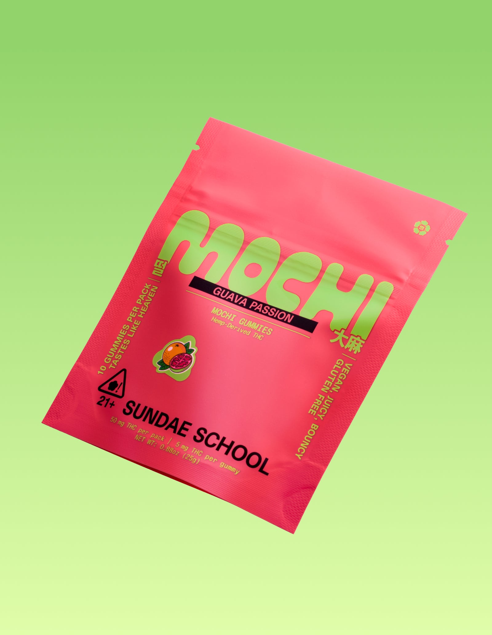 A hot pink product pouch for Sundae School Guava Passion Mochi Gummies, floating diagonally against a minimalist light green gradient background. The packaging features bold green "MOCHI" lettering and a small fruit illustration.
