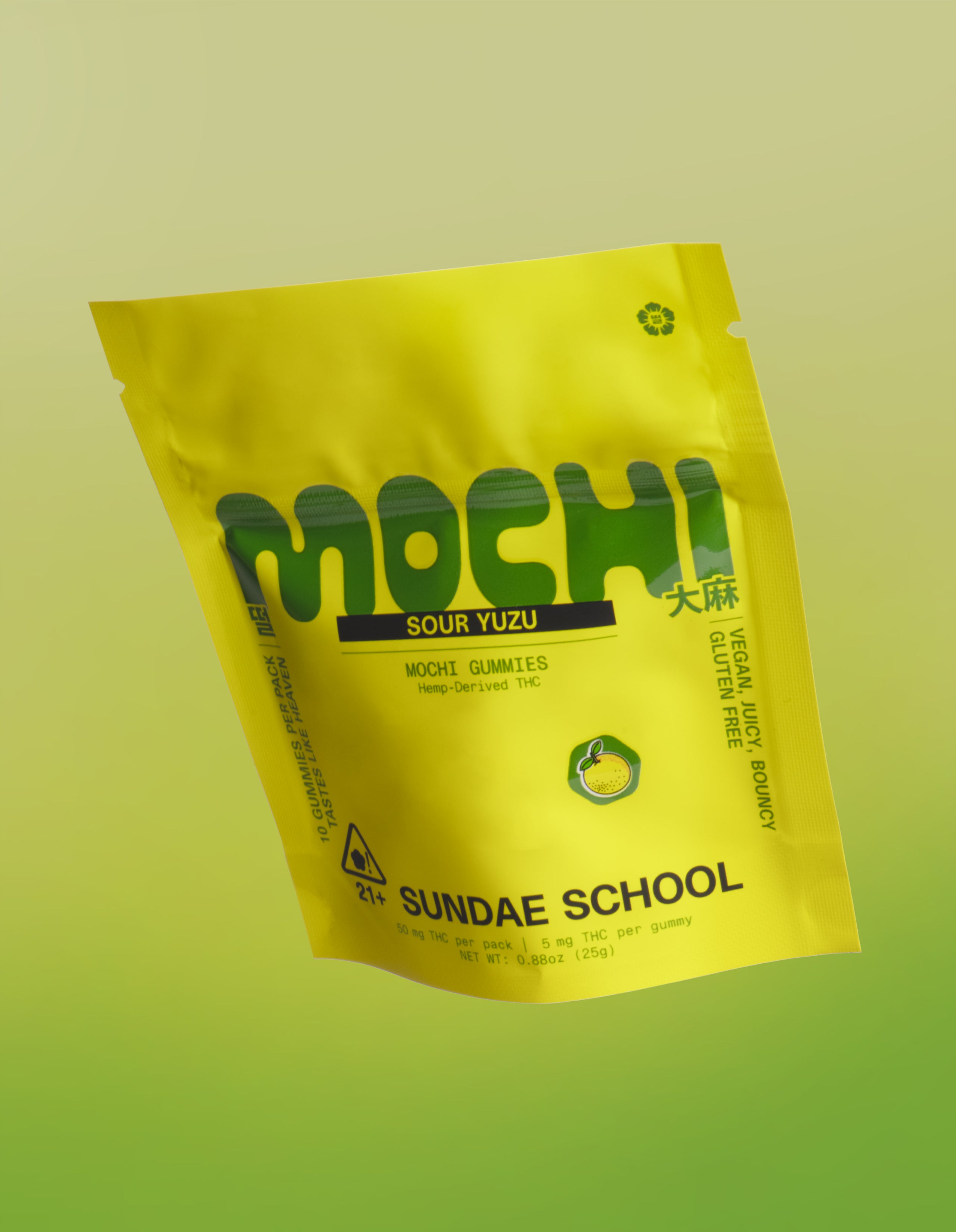 Sundae School Sour Yuzu mochi gummies package on yellow-green gradient background, 5mg hemp-derived product in yellow-green pouch