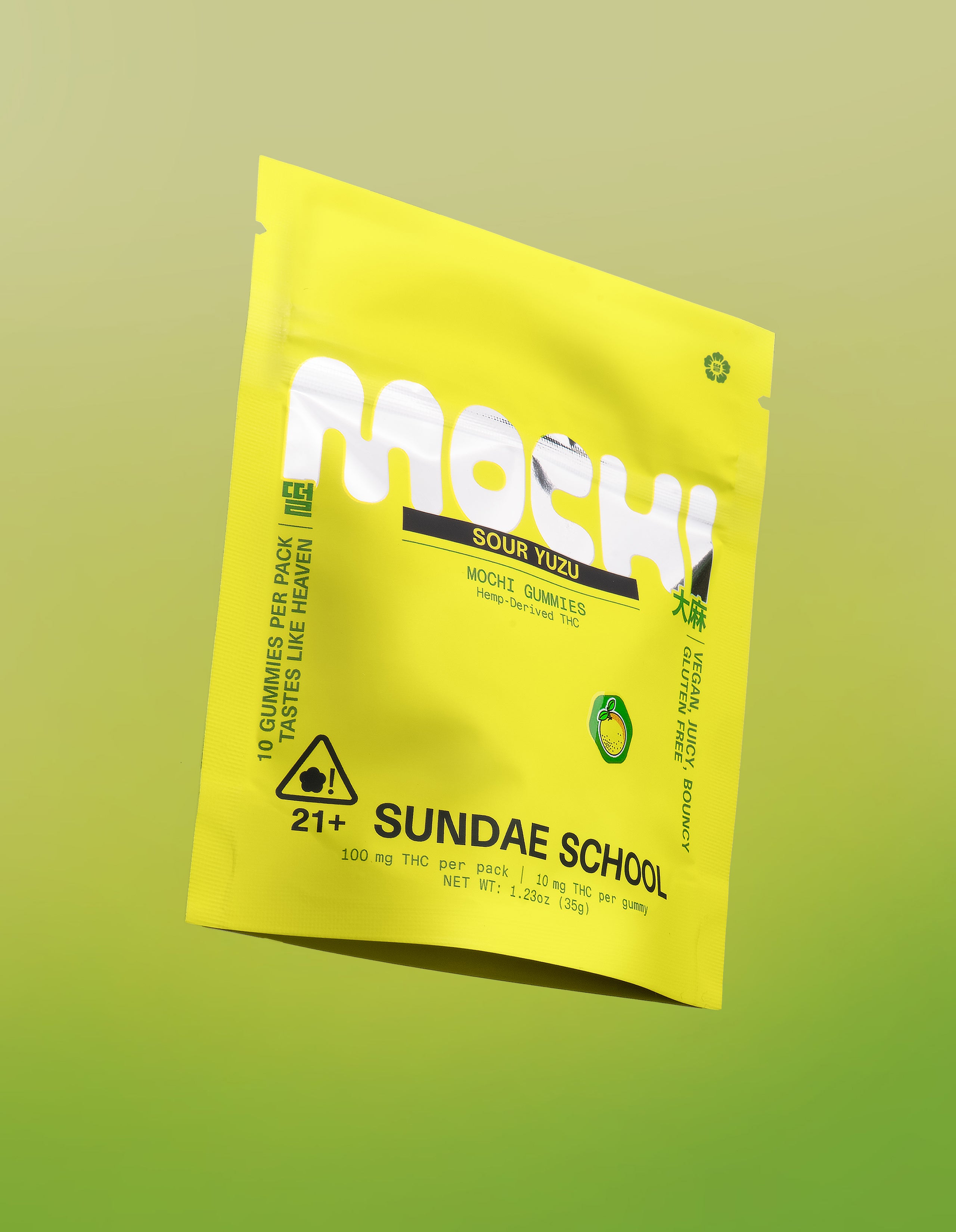Sundae School Sour Yuzu mochi gummies package on yellow-green gradient background, 10mg hemp-derived product in yellow-green pouch
