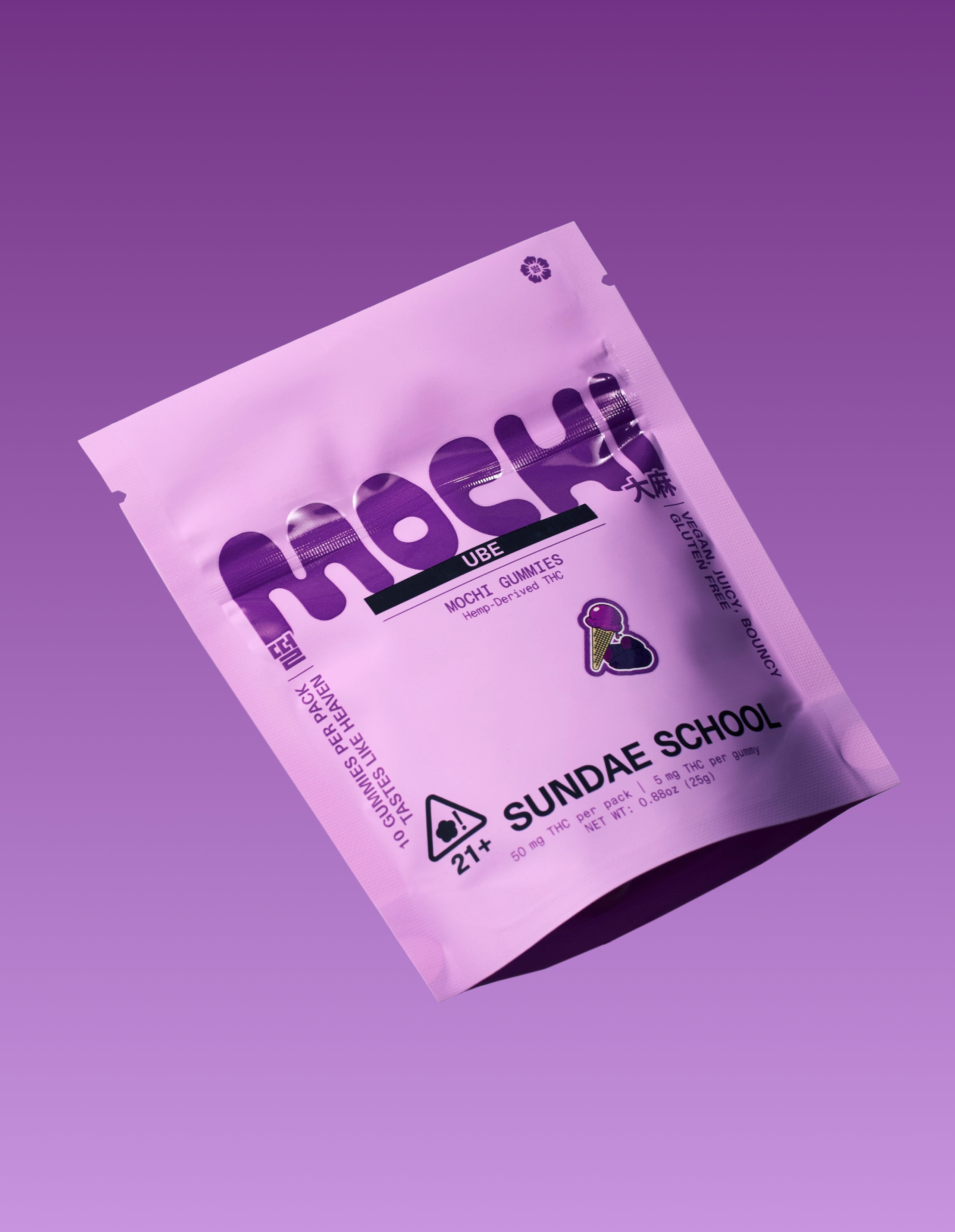 An image of Sundae School 10ct Ube Mochi gummy packaging in a resealable bag form.