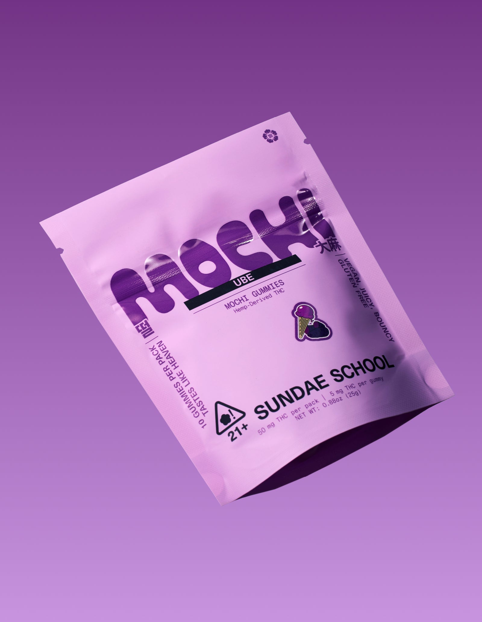 An image of Sundae School 10ct Ube Mochi gummy packaging in a resealable bag form.