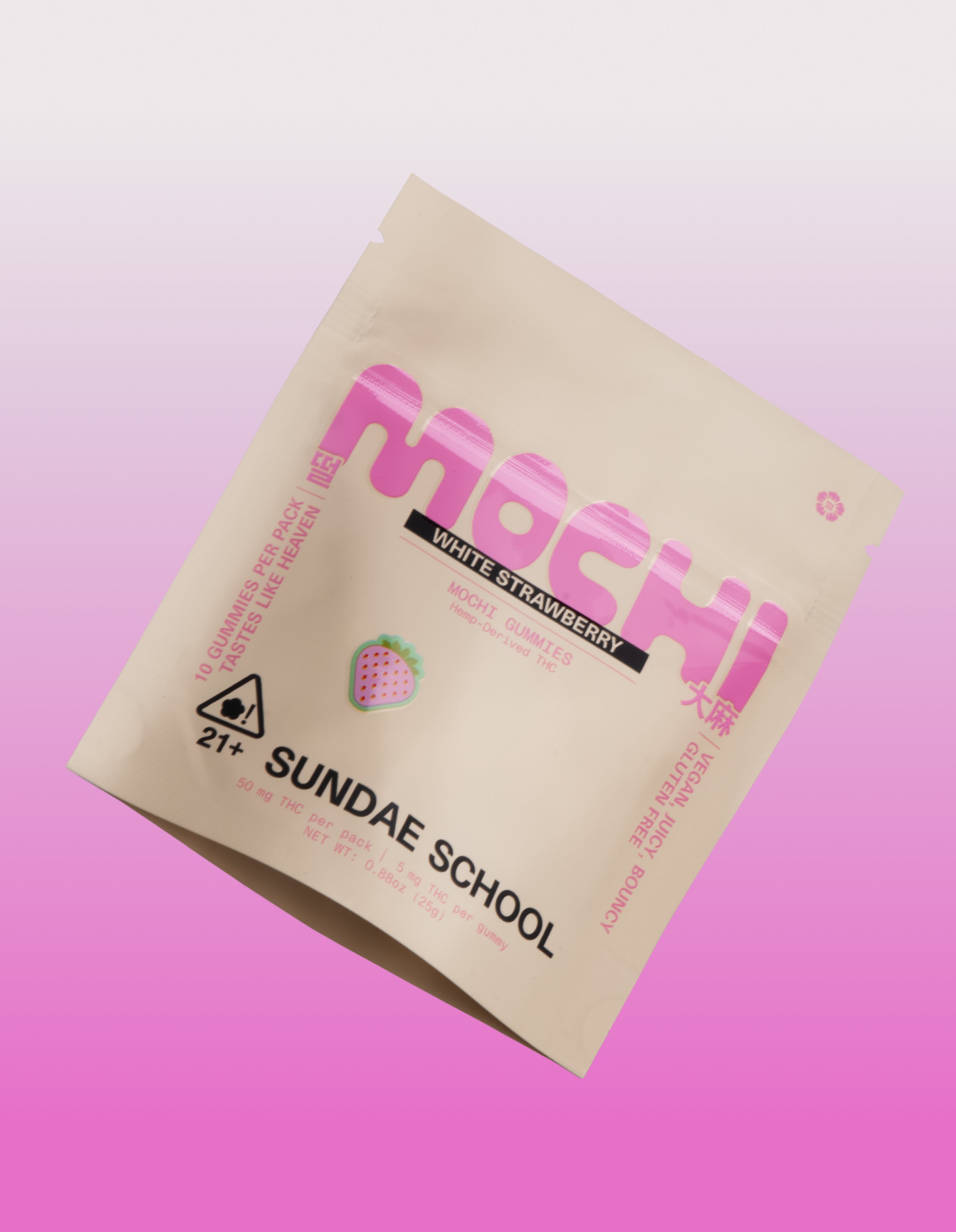 Sundae School White Strawberry mochi gummies package on pink gradient background, 5mg hemp-derived product in cream-colored pouch
