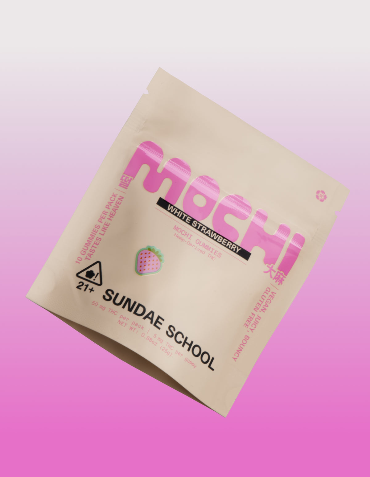Sundae School White Strawberry mochi gummies package on pink gradient background, 5mg hemp-derived product in cream-colored pouch