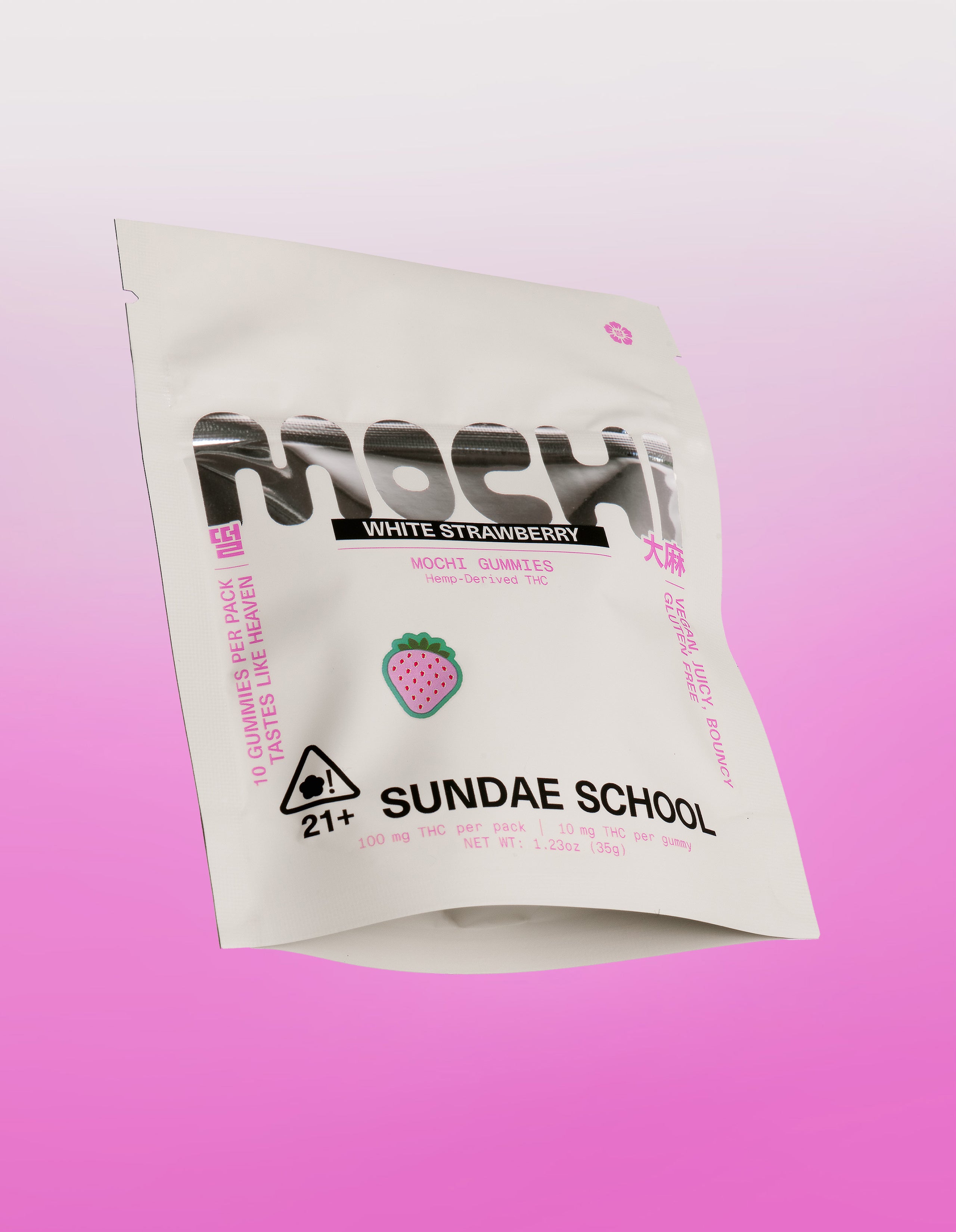 Sundae School White Strawberry mochi gummies package on pink gradient background, 10mg hemp-derived product in cream-colored pouch