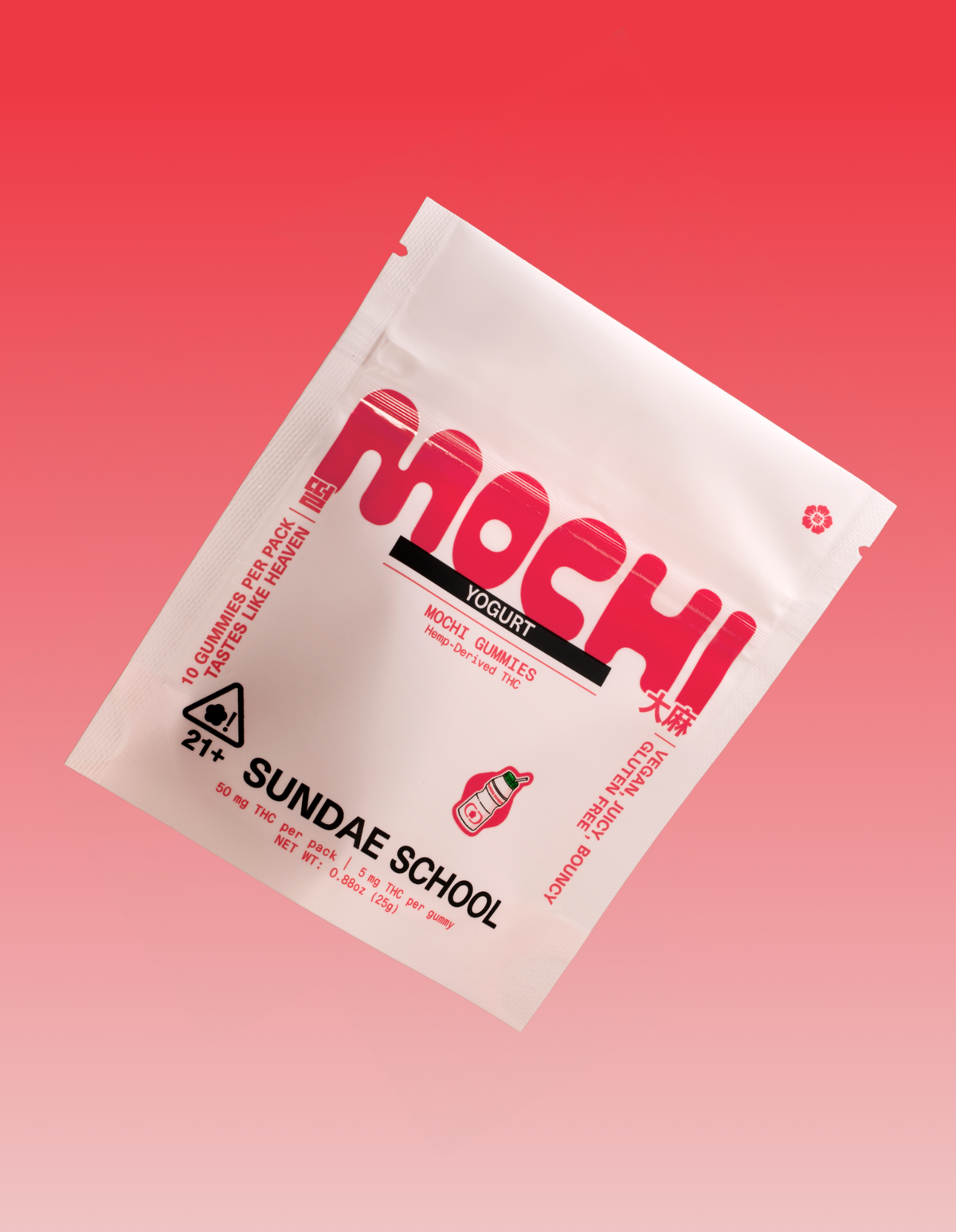 Sundae School 5mg Mini Pack Yogurt Flavor Packaging floating against a red gradient background.