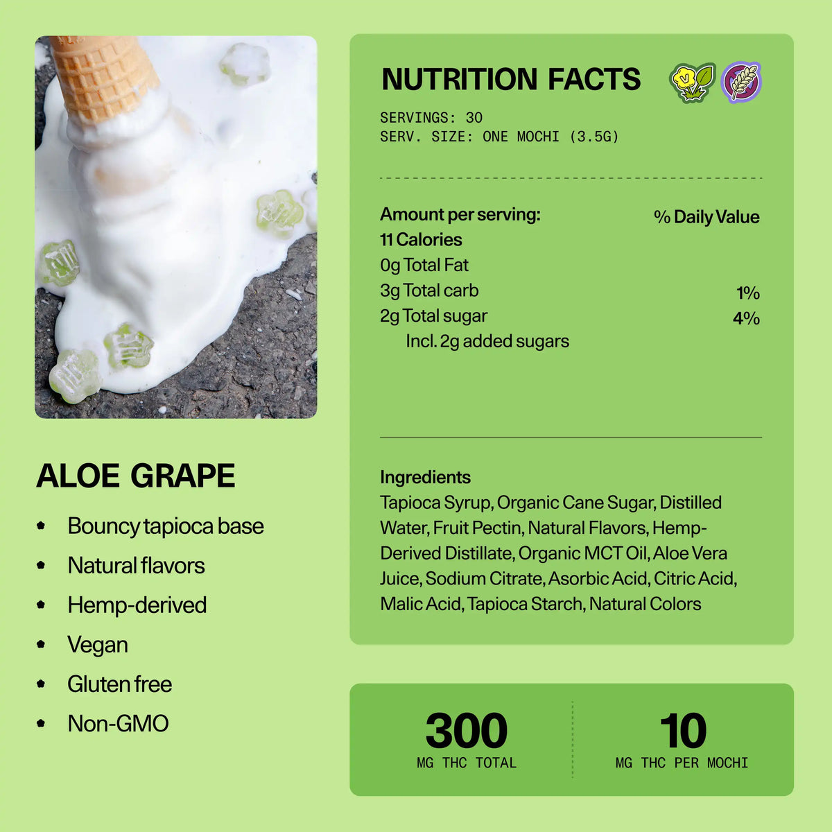 Nutrition facts and ingredients panel for Sundae School Mochi Aloe Grape hemp-derived THC gummies — 30 servings, 10 mg THC per mochi, 300 mg THC total; vegan, gluten-free, non-GMO