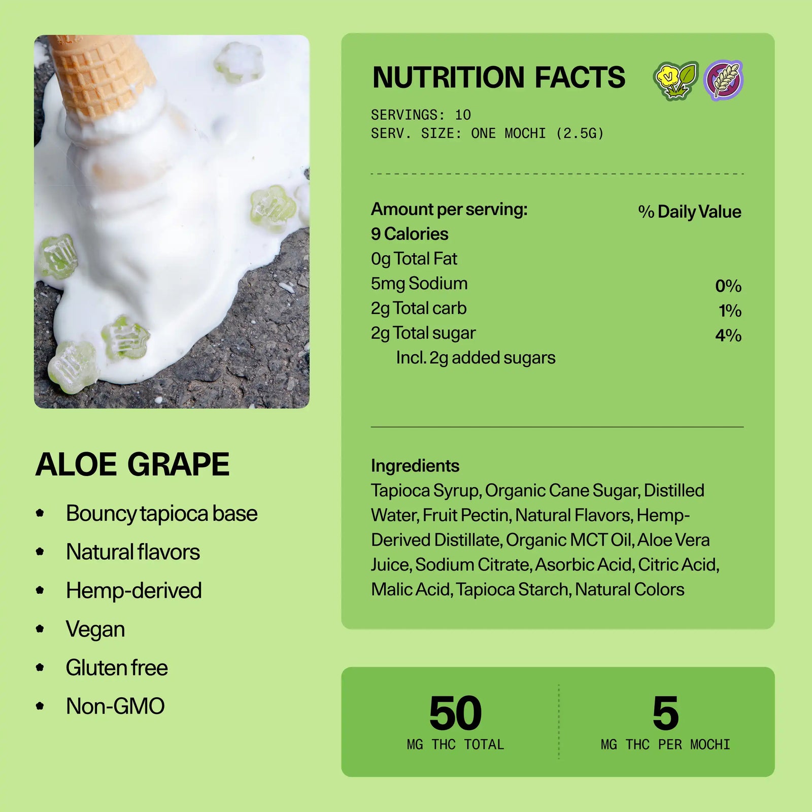 Nutrition facts and ingredients panel for Sundae School Mochi Aloe Grape hemp-derived THC gummies — 10 servings, 5 mg THC per mochi, 50 mg THC total; vegan, gluten-free, non-GMO