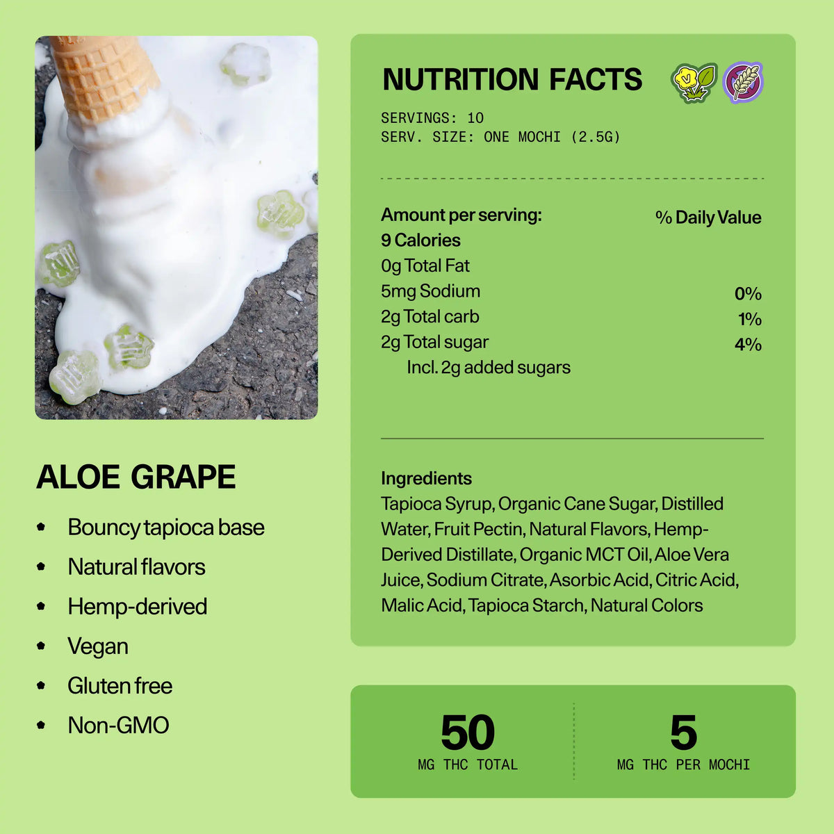 Nutrition facts and ingredients panel for Sundae School Mochi Aloe Grape hemp-derived THC gummies — 10 servings, 5 mg THC per mochi, 50 mg THC total; vegan, gluten-free, non-GMO