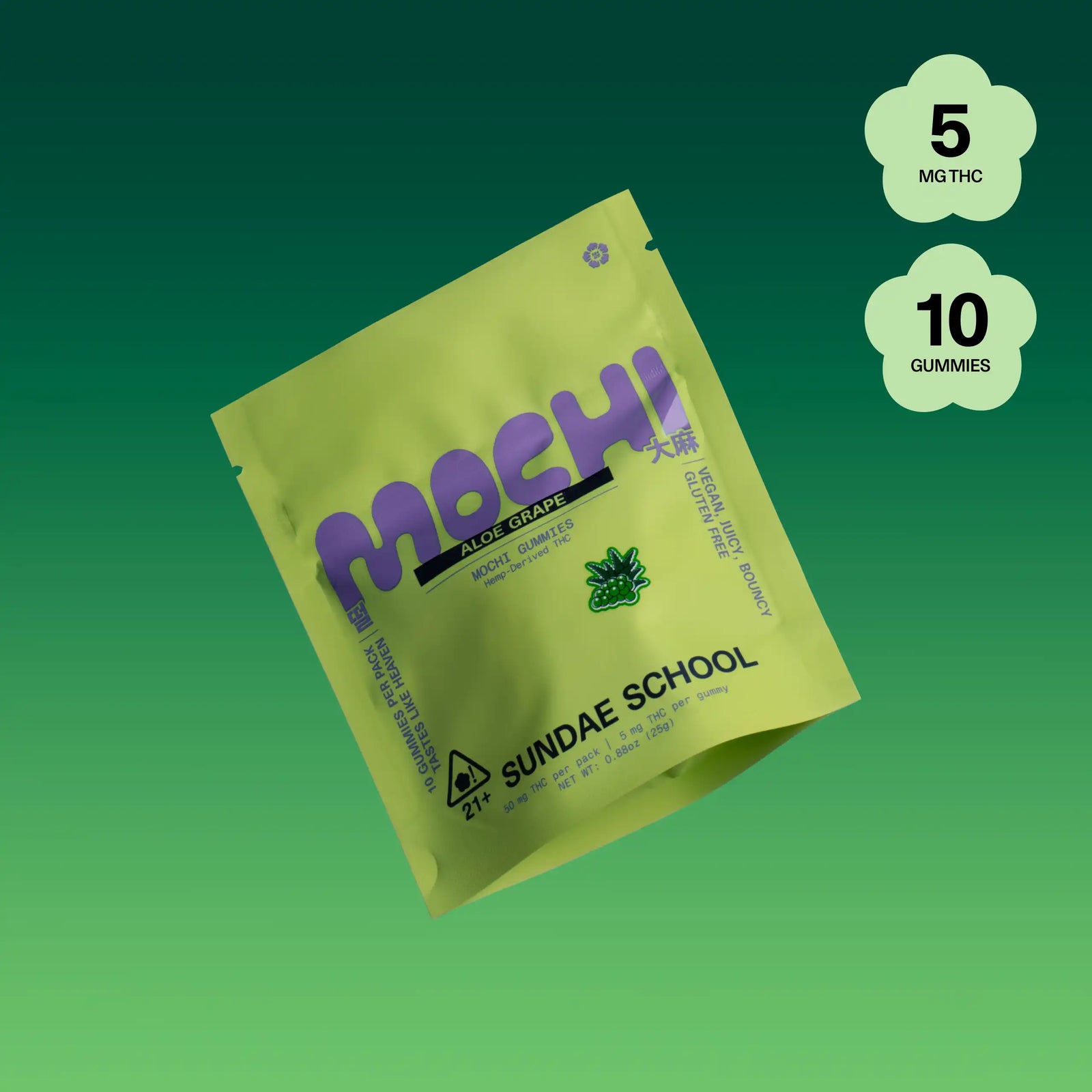 Sundae School Mochi Aloe Grape hemp-derived THC gummies in a stand-up pouch, 5 mg THC per gummy, 10-count pack