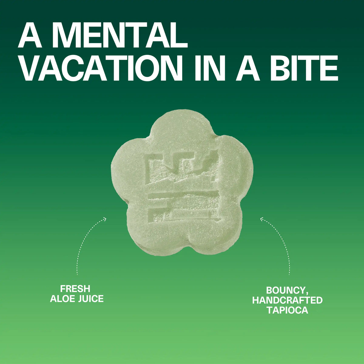 Close-up of a flower-shaped Sundae School Mochi Aloe Grape gummy with the headline 'A Mental Vacation in a Bite' and callouts 'fresh aloe juice' and 'bouncy handcrafted tapioca'
