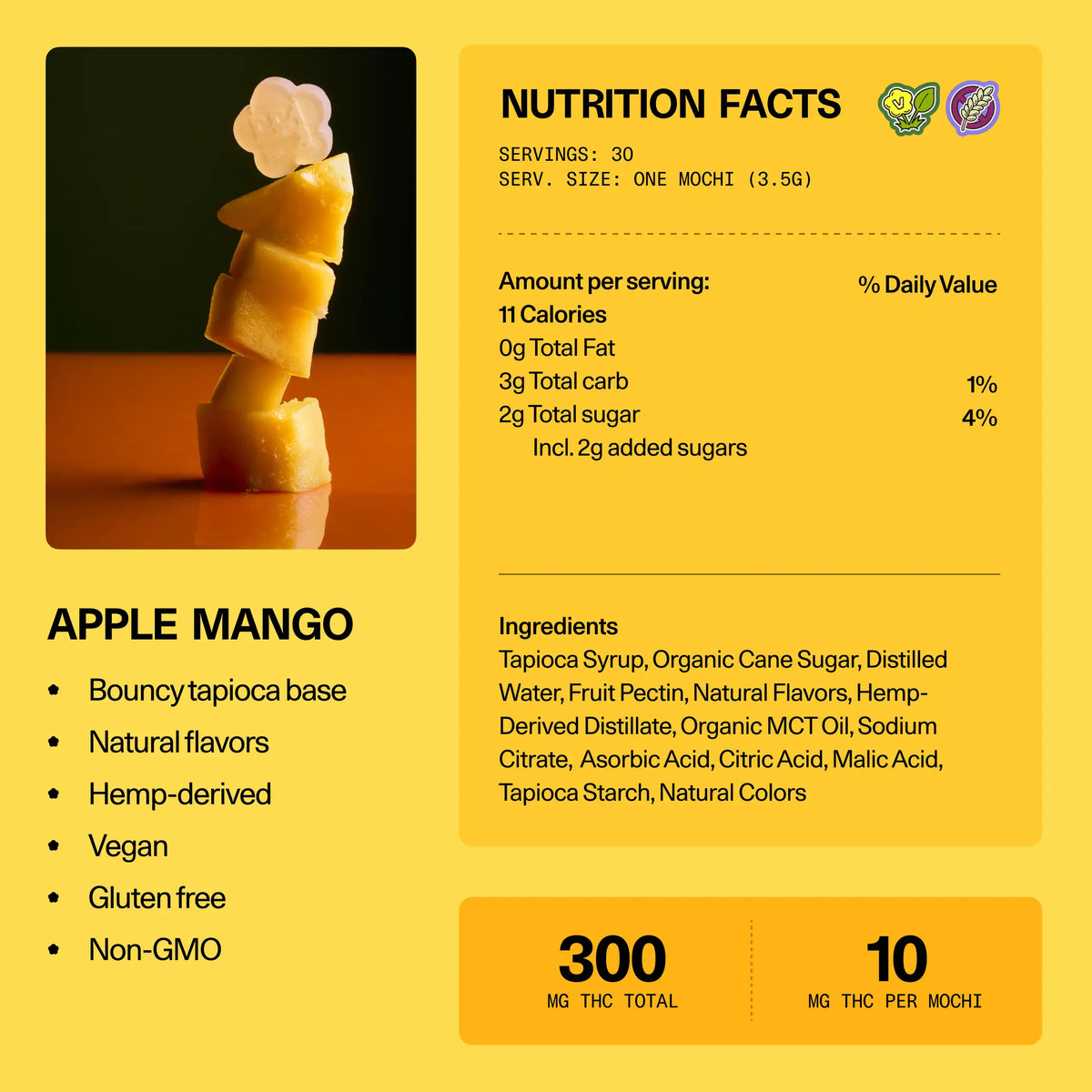 Nutrition facts and ingredients panel for Sundae School Mochi Apple Mango hemp-derived THC gummies — 30 servings, 10 mg THC per mochi, 300 mg THC total; vegan, gluten-free, non-GMO