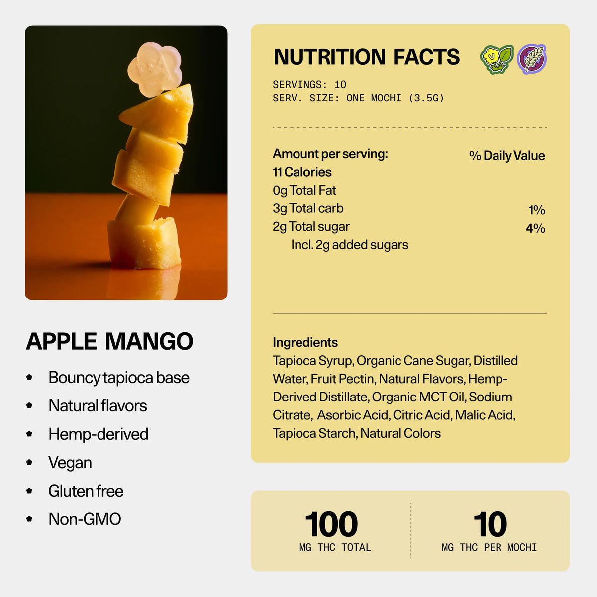 Nutrition facts and ingredients panel for Sundae School Mochi Apple Mango hemp-derived THC gummies — 10 servings, 10 mg THC per mochi, 100 mg THC total; vegan, gluten-free, non-GMO