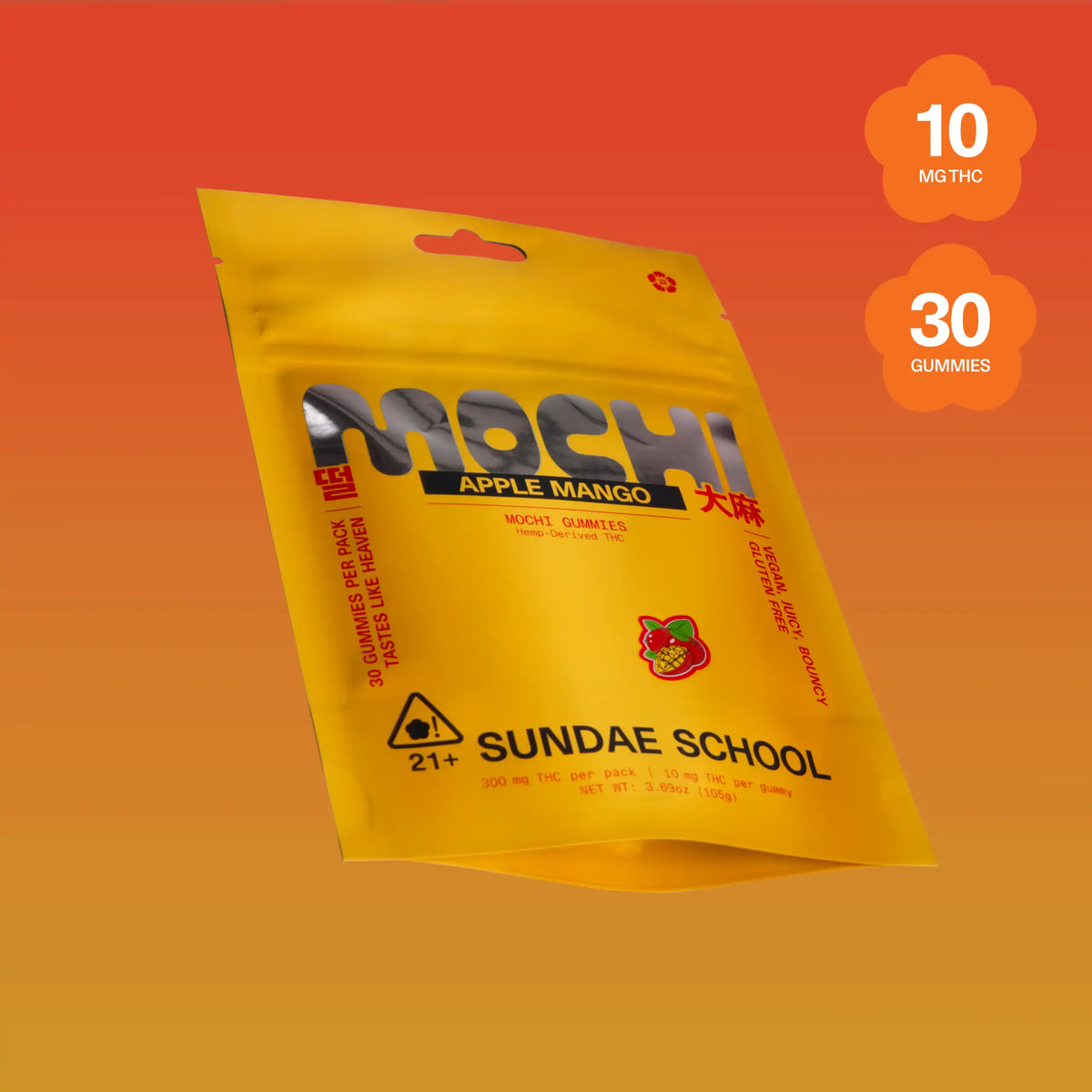 Sundae School Mochi Apple Mango hemp-derived THC gummies in a stand-up pouch, 10 mg THC per gummy, 30-count pack