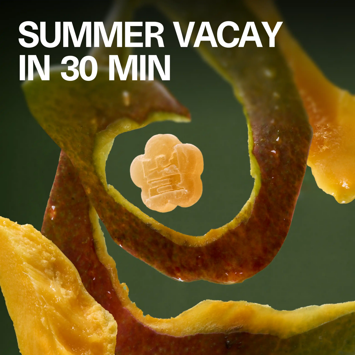 Macro lifestyle shot of a flower-shaped Sundae School Mochi Apple Mango gummy with dried mango slices and the headline 'Summer Vacay in 30 Min'