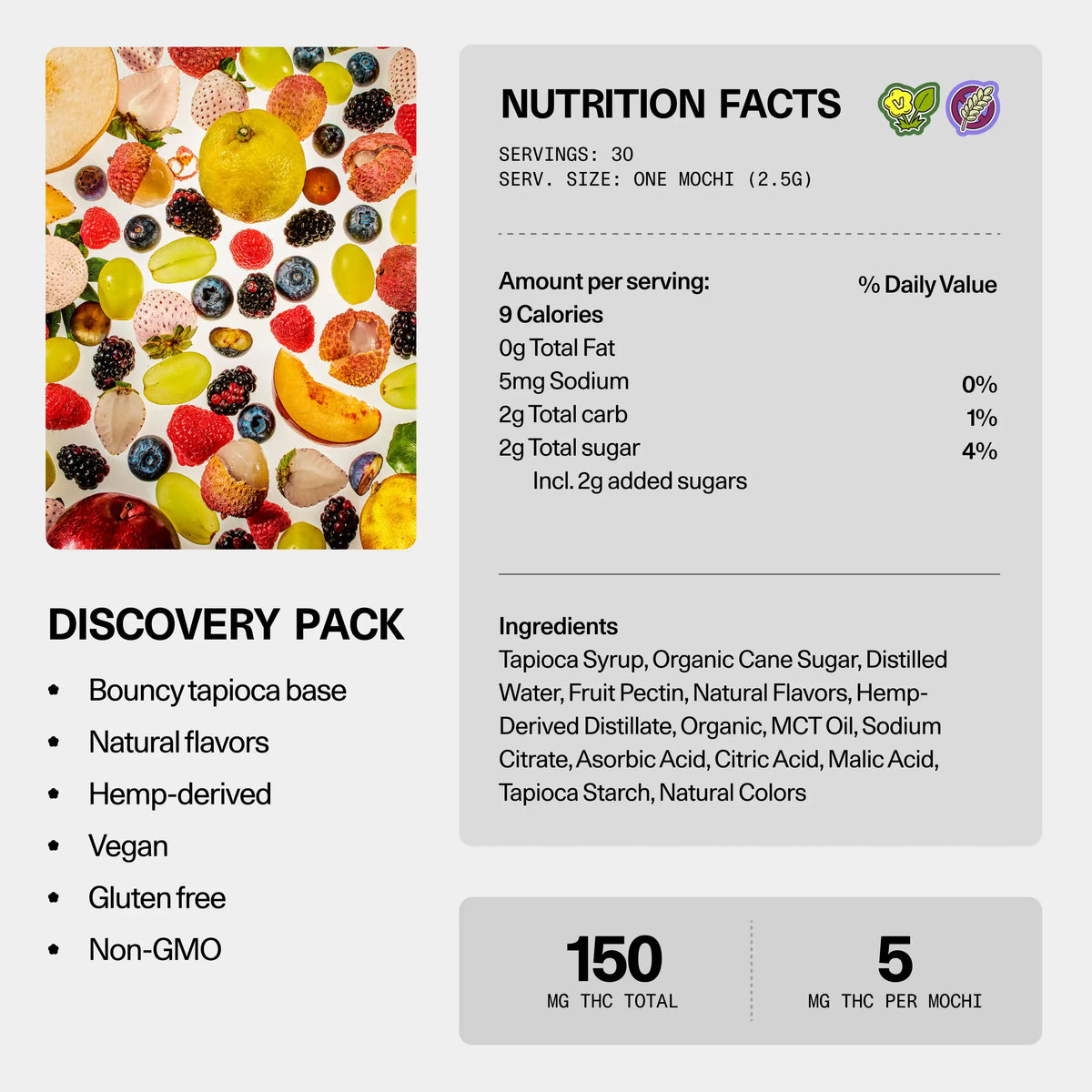 Nutrition facts and ingredients panel for Sundae School Mochi Discovery Pack hemp-derived THC gummies — 30 servings, 5 mg THC per mochi, 150 mg THC total; vegan, gluten-free, non-GMO