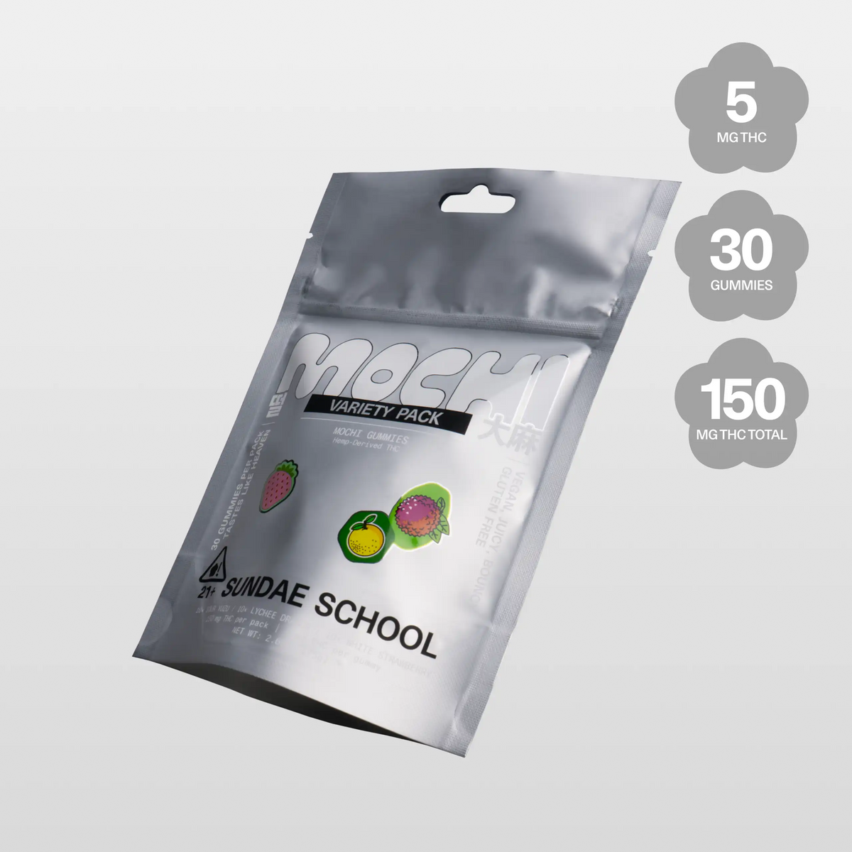 Sundae School Mochi Discovery Pack — assorted hemp-derived THC gummies in a stand-up pouch, 5 mg THC per gummy, 30-count variety pack