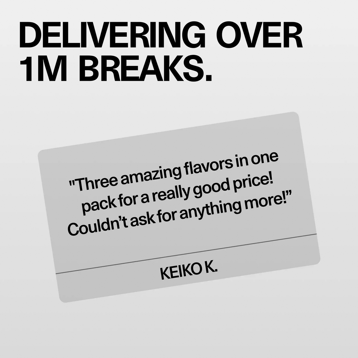 Customer review card for the Sundae School Mochi Discovery Pack, headline 'Delivering over 1M breaks,' featuring a quoted customer testimonial