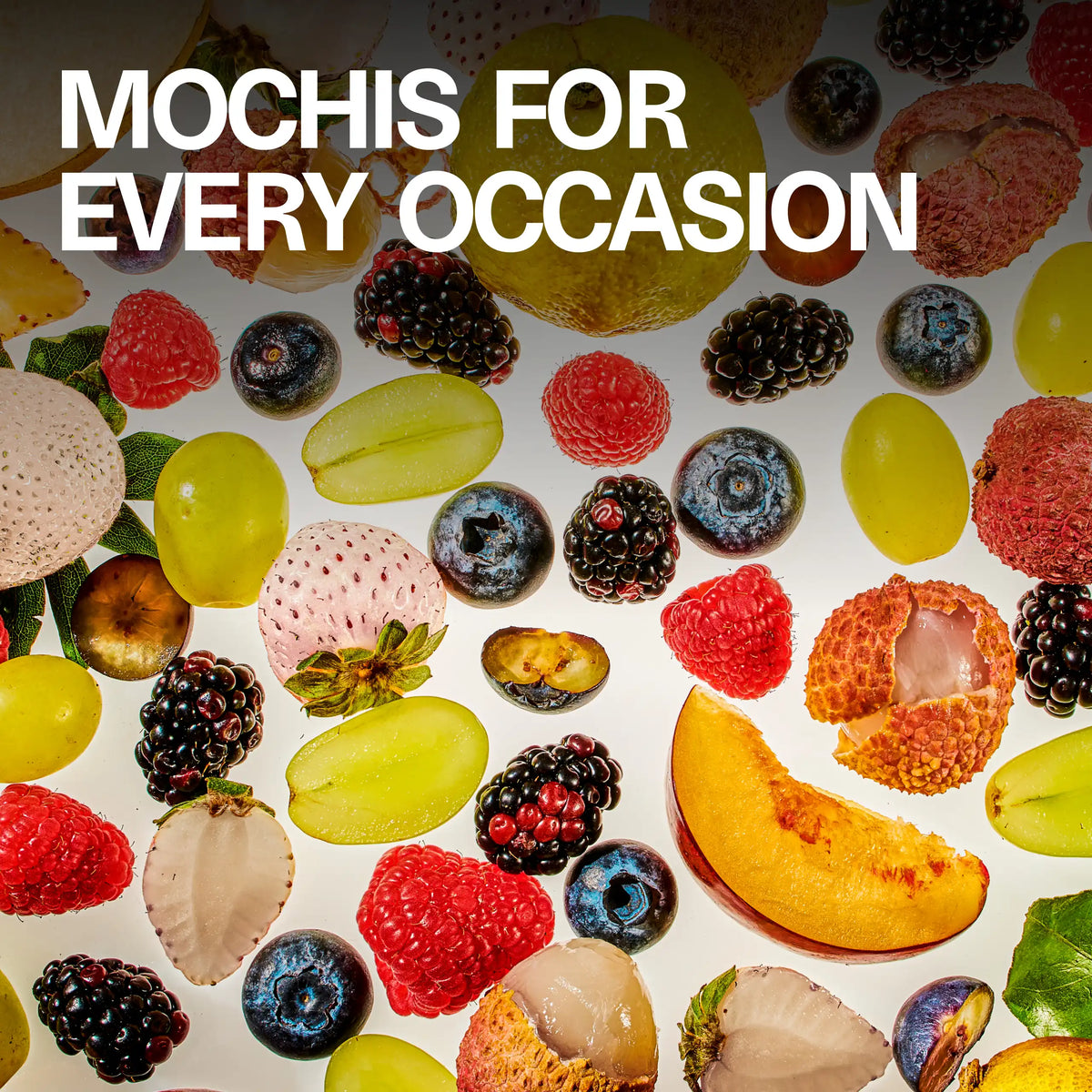 Overhead spread of fresh fruits and berries with the headline 'Mochis for every occasion,' representing the Sundae School Mochi Discovery Pack flavors