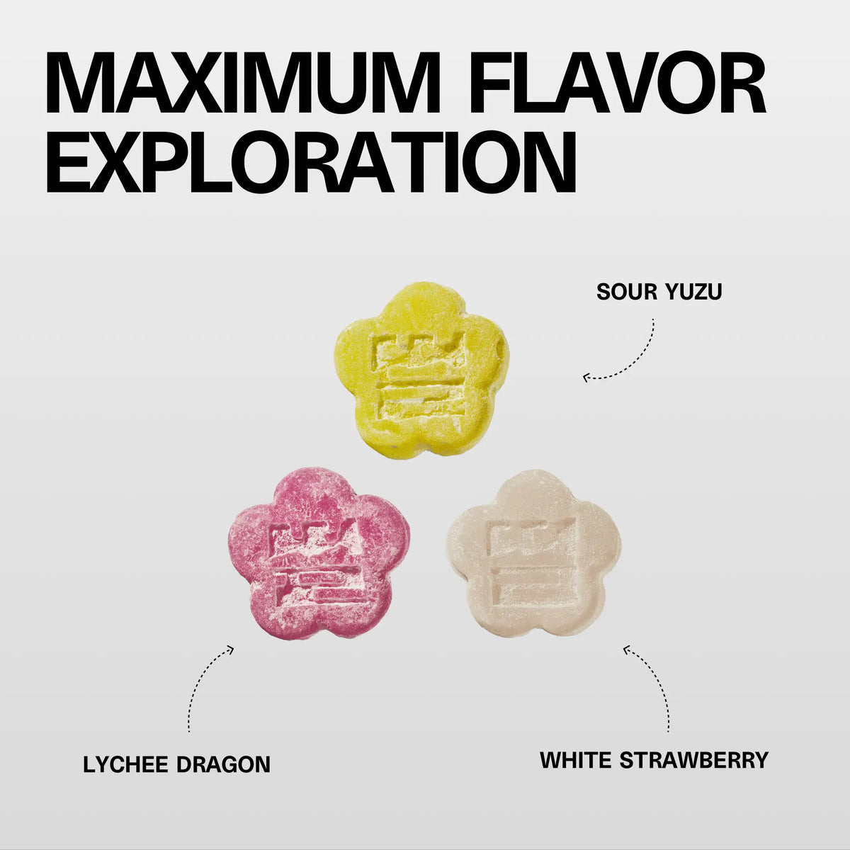 Close-up of three flower-shaped Sundae School Mochi gummies — Sour Yuzu, Lychee Dragon and White Strawberry — with the headline 'Maximum flavor exploration'