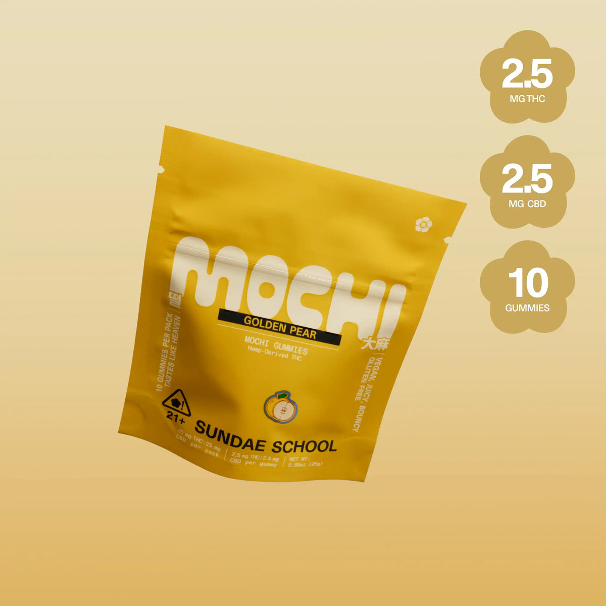 Sundae School Mochi Golden Pear hemp-derived THC gummies in a stand-up pouch, 2.5 mg THC and 2.5 mg CBD per gummy, 10-count pack