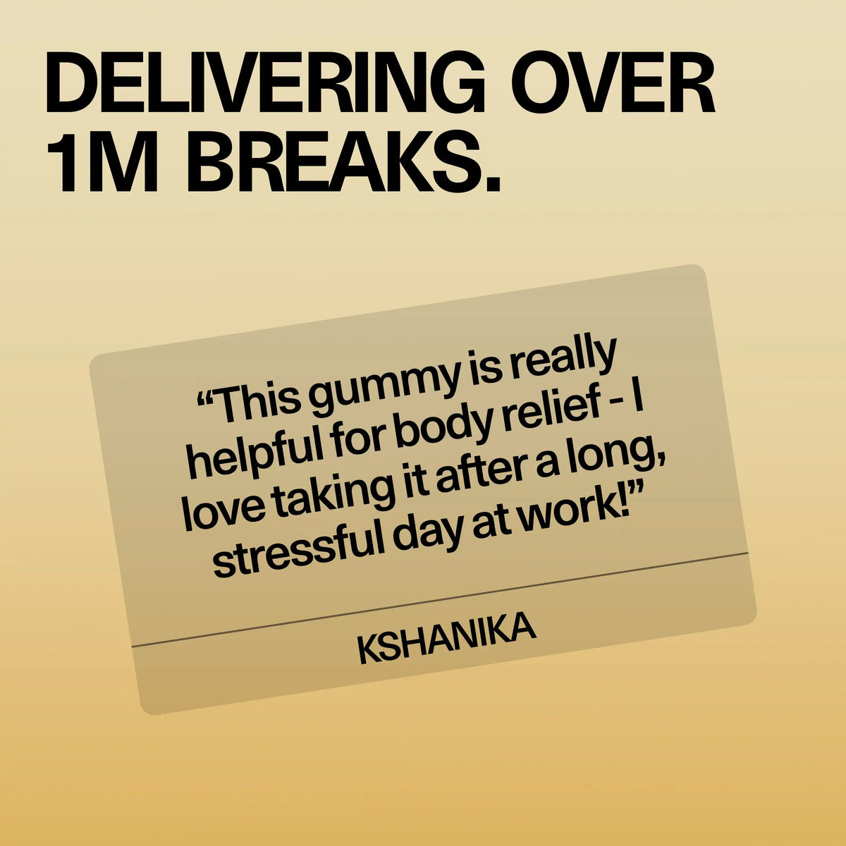 Customer review card for Sundae School Mochi Golden Pear hemp-derived THC gummies, headline 'Delivering over 1M breaks,' featuring a quoted customer testimonial