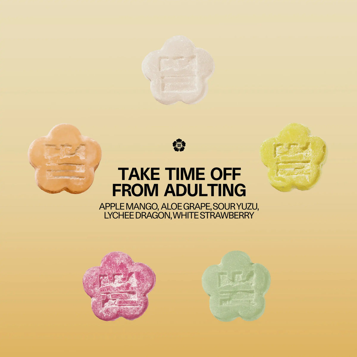 Sundae School Mochi flavor lineup with the headline 'Take time off from adulting,' featuring five flower-shaped gummies: Apple Mango, Aloe Grape, Sour Yuzu, Lychee Dragon and White Strawberry