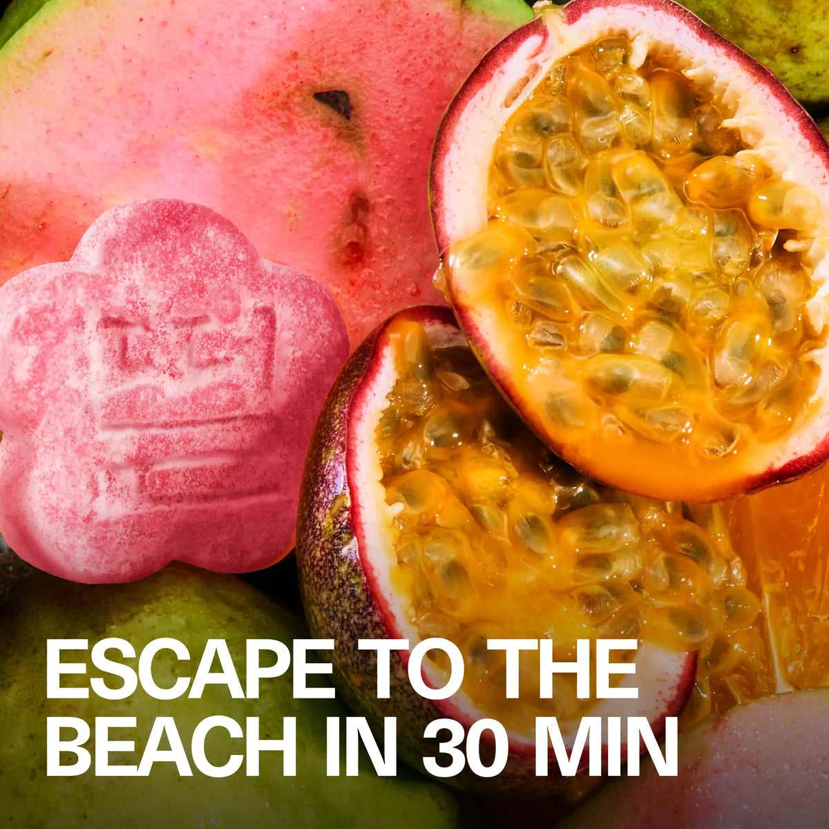 Macro lifestyle shot of a flower-shaped Sundae School Mochi Guava Passion gummy with fresh passionfruit and the headline 'Escape to the Beach in 30 Min'
