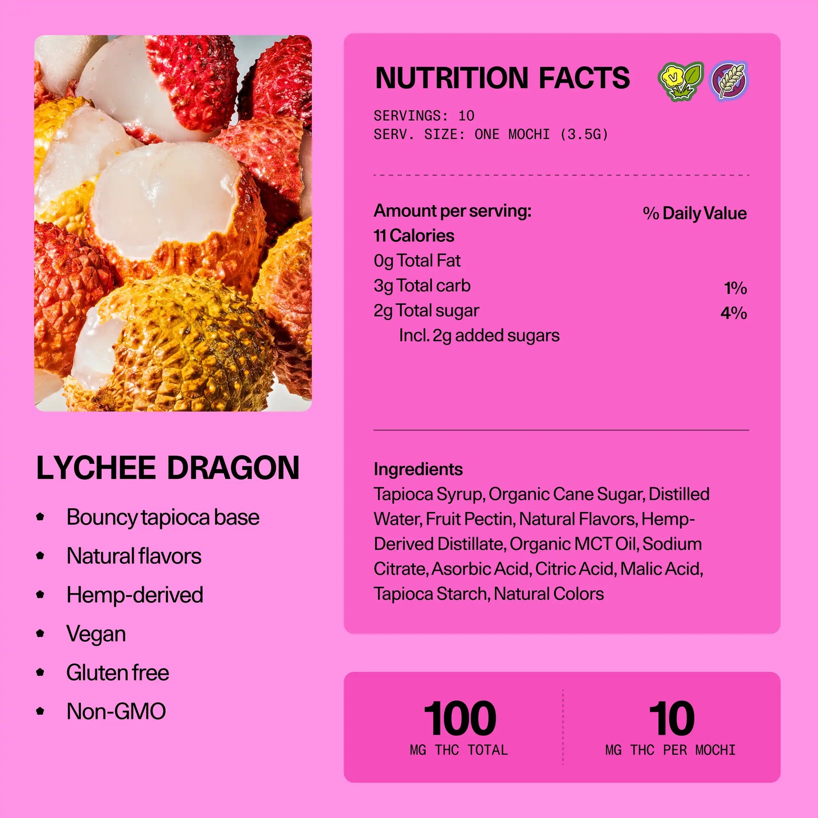 Nutrition facts and ingredients panel for Sundae School Mochi Lychee Dragon hemp-derived THC gummies — 10 servings, 10 mg THC per mochi, 100 mg THC total; vegan, gluten-free, non-GMO