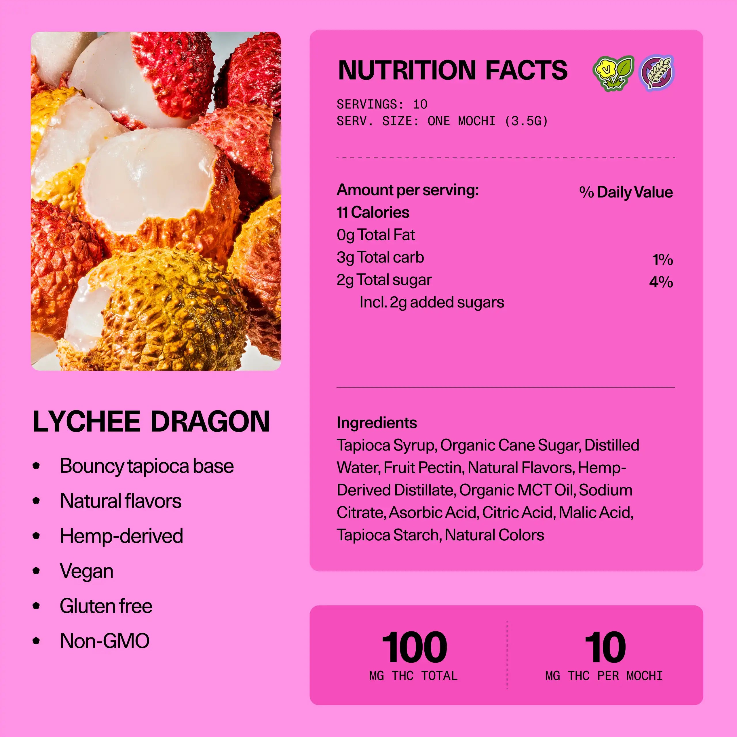 Nutrition facts and ingredients panel for Sundae School Mochi Lychee Dragon hemp-derived THC gummies — 10 servings, 10 mg THC per mochi, 100 mg THC total; vegan, gluten-free, non-GMO