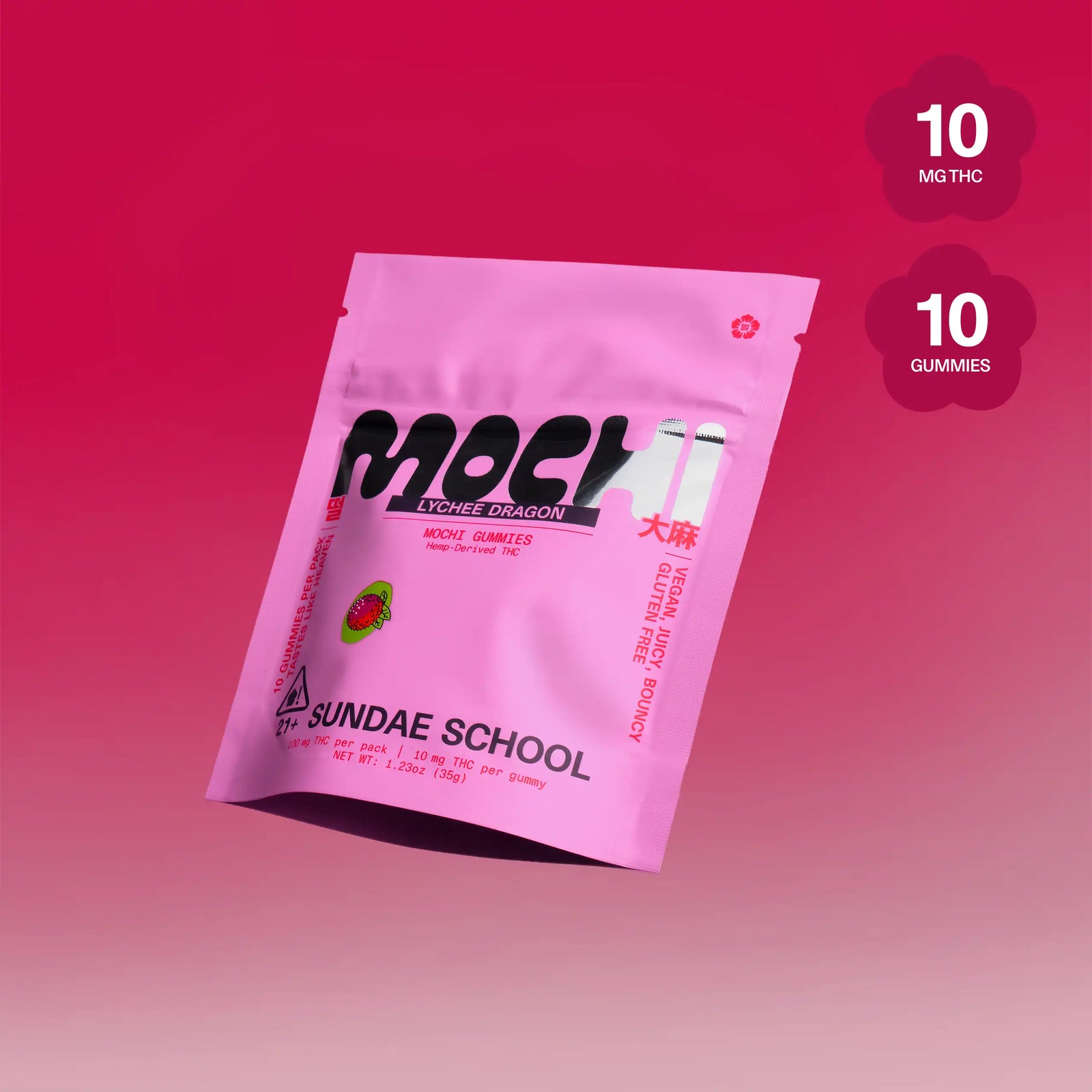 Sundae School Mochi Lychee Dragon hemp-derived THC gummies in a stand-up pouch, 10 mg THC per gummy, 10-count pack