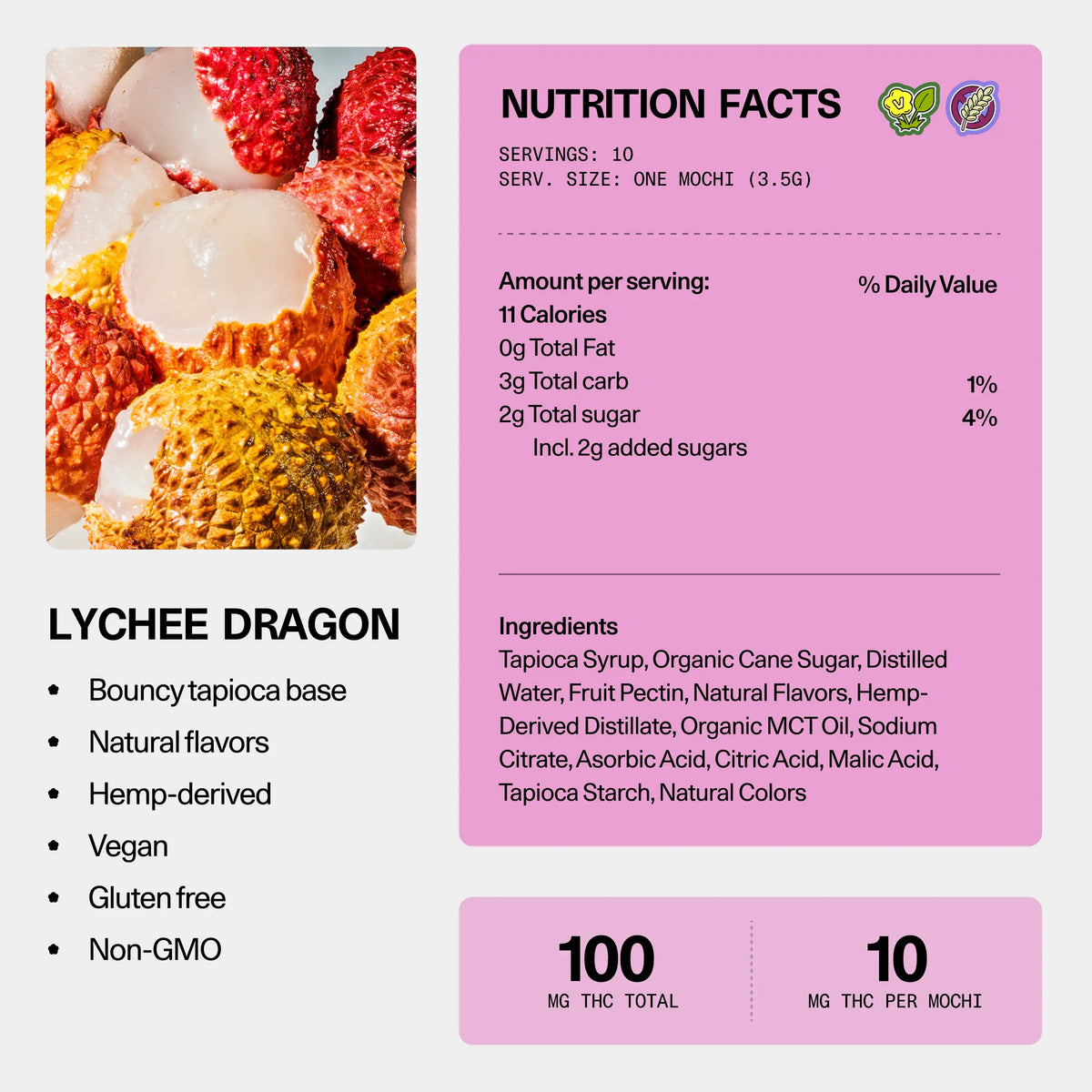 Nutrition facts and ingredients panel for Sundae School Mochi Lychee Dragon hemp-derived THC gummies — 10 servings, 10 mg THC per mochi, 100 mg THC total; vegan, gluten-free, non-GMO