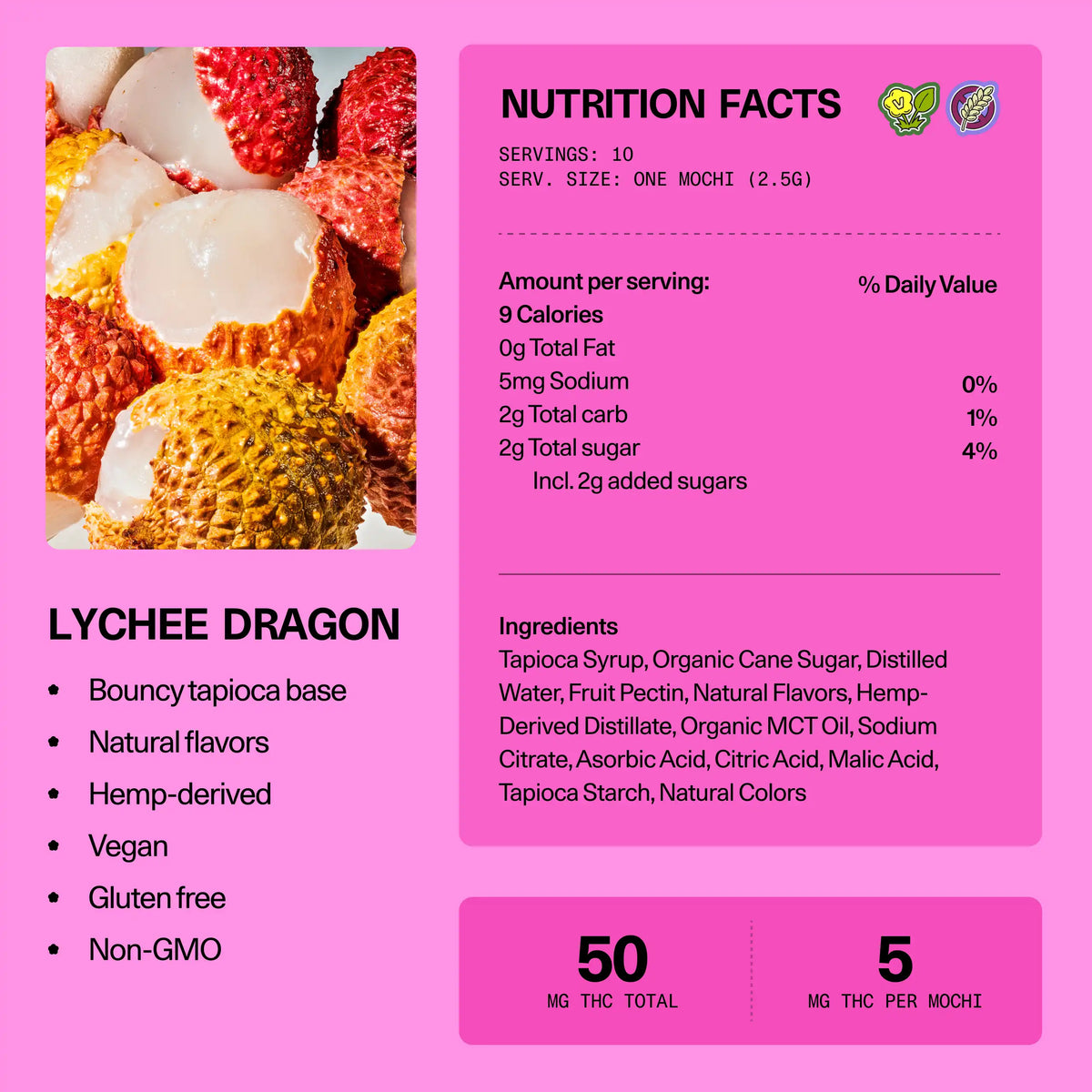 Nutrition facts and ingredients panel for Sundae School Mochi Lychee Dragon hemp-derived THC gummies — 10 servings, 5 mg THC per mochi, 50 mg THC total; vegan, gluten-free, non-GMO
