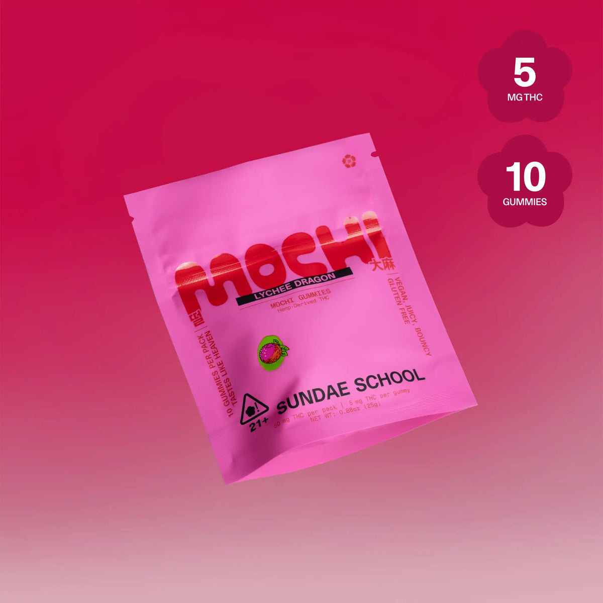 Sundae School Mochi Lychee Dragon hemp-derived THC gummies in a stand-up pouch, 5 mg THC per gummy, 10-count pack