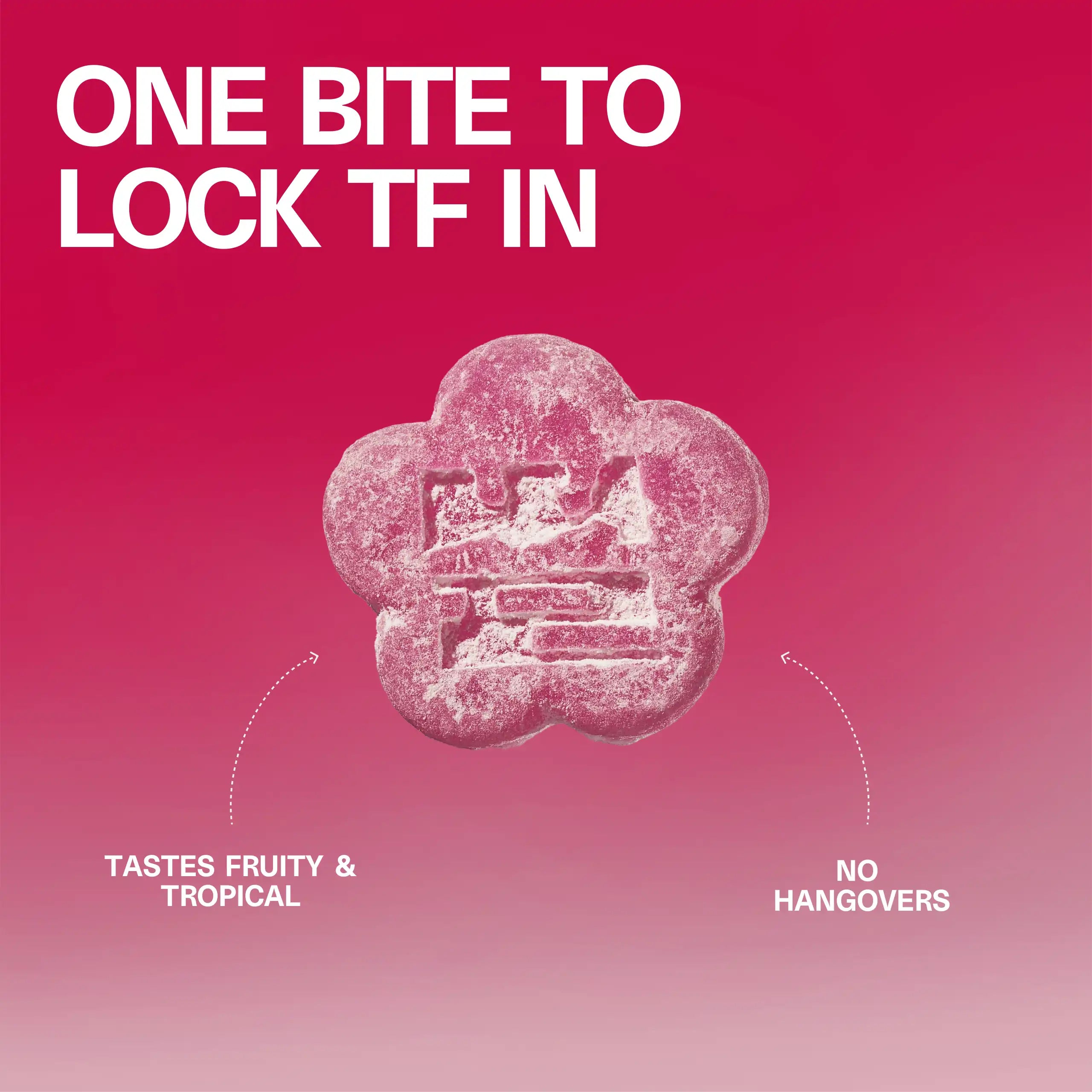 Close-up of a flower-shaped Sundae School Mochi Lychee Dragon gummy with the headline 'One Bite to Lock TF In' and callouts 'tastes fruity & tropical' and 'no hangovers'