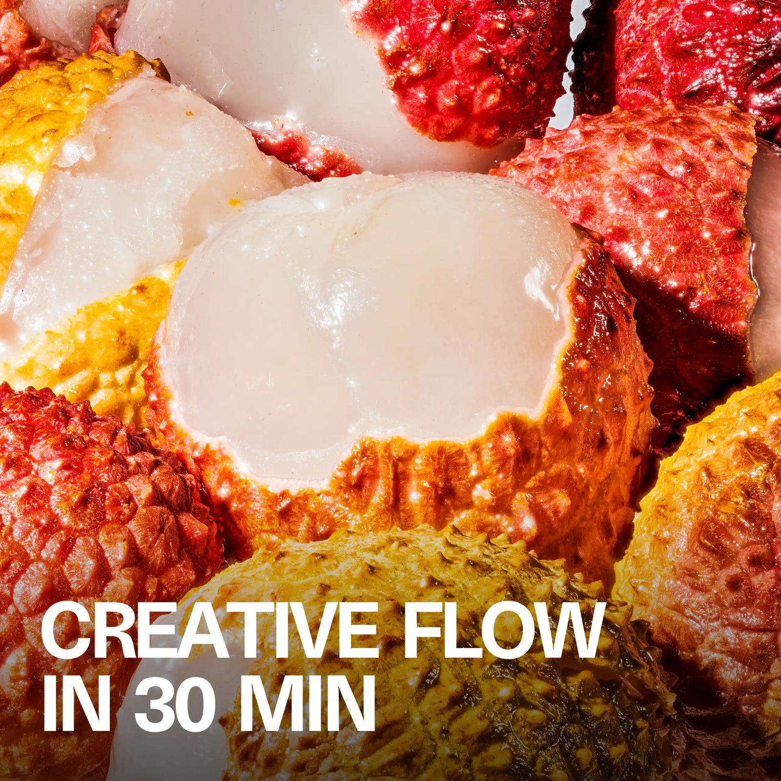 Macro lifestyle shot of fresh lychee and the headline 'Creative Flow in 30 Min'
