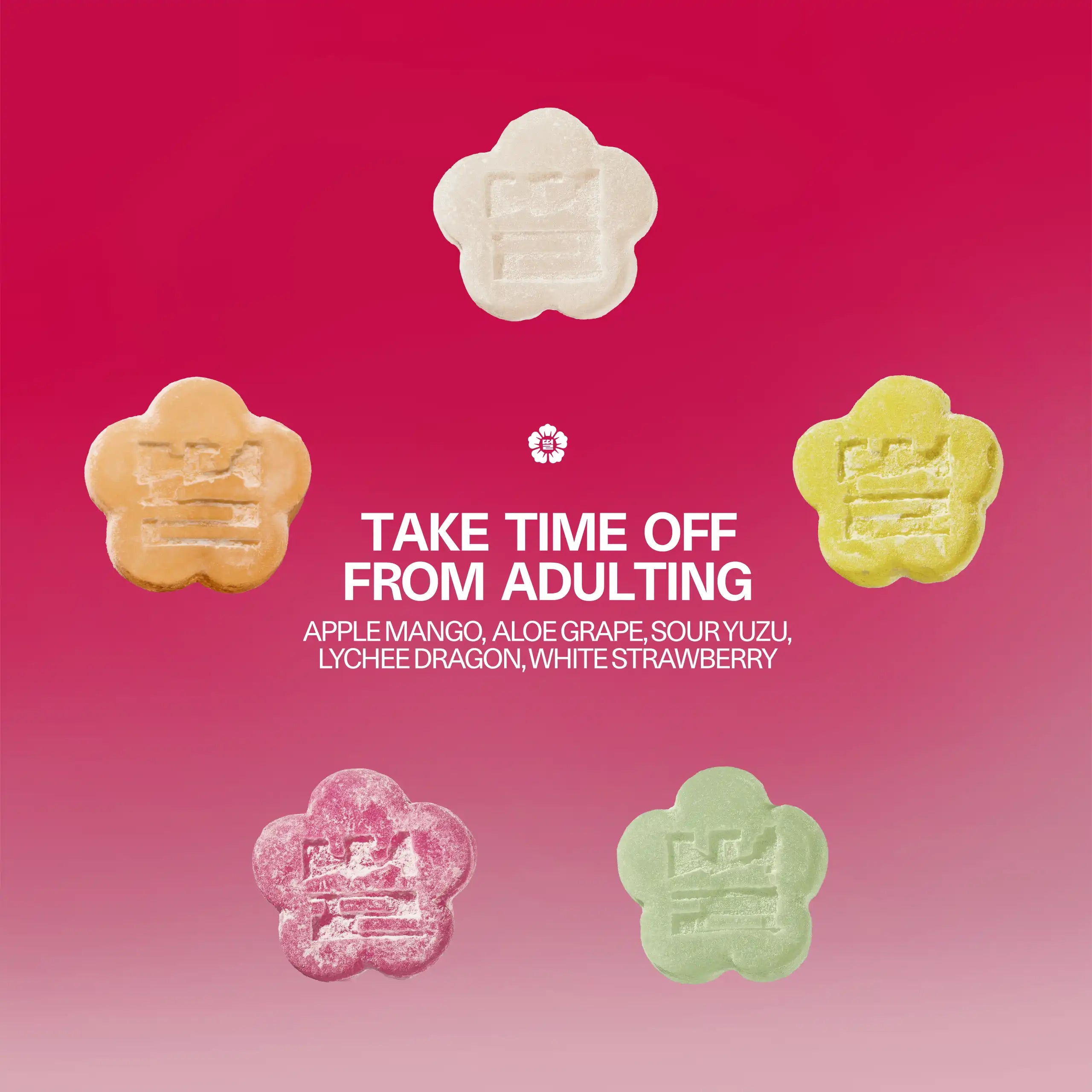 Sundae School Mochi flavor lineup with the headline 'Take time off from adulting,' featuring five flower-shaped gummies: Apple Mango, Aloe Grape, Sour Yuzu, Lychee Dragon and White Strawberry